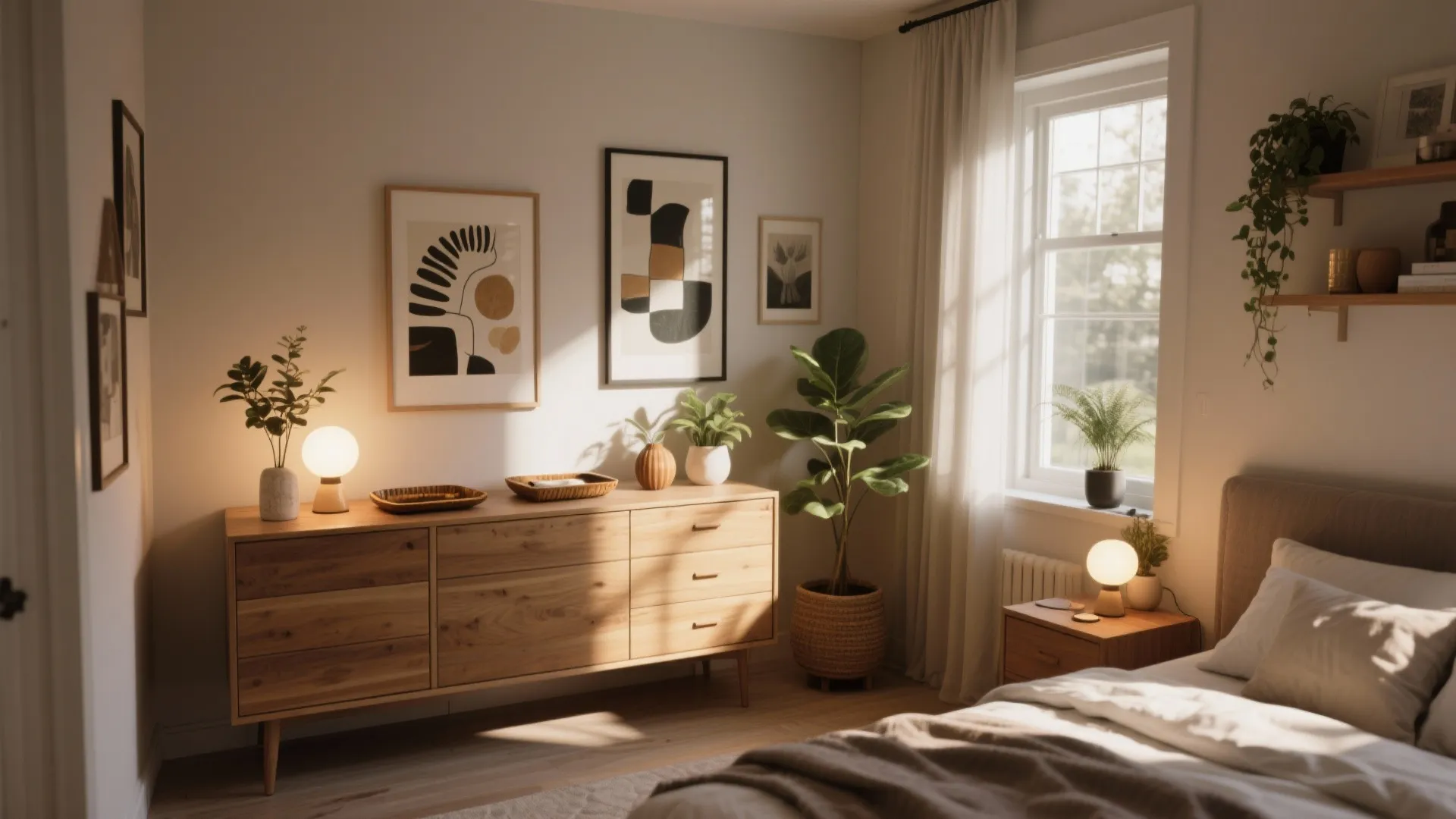 Modern wooden dresser with table lamps and framed art in a bright sunlight bedroom interior