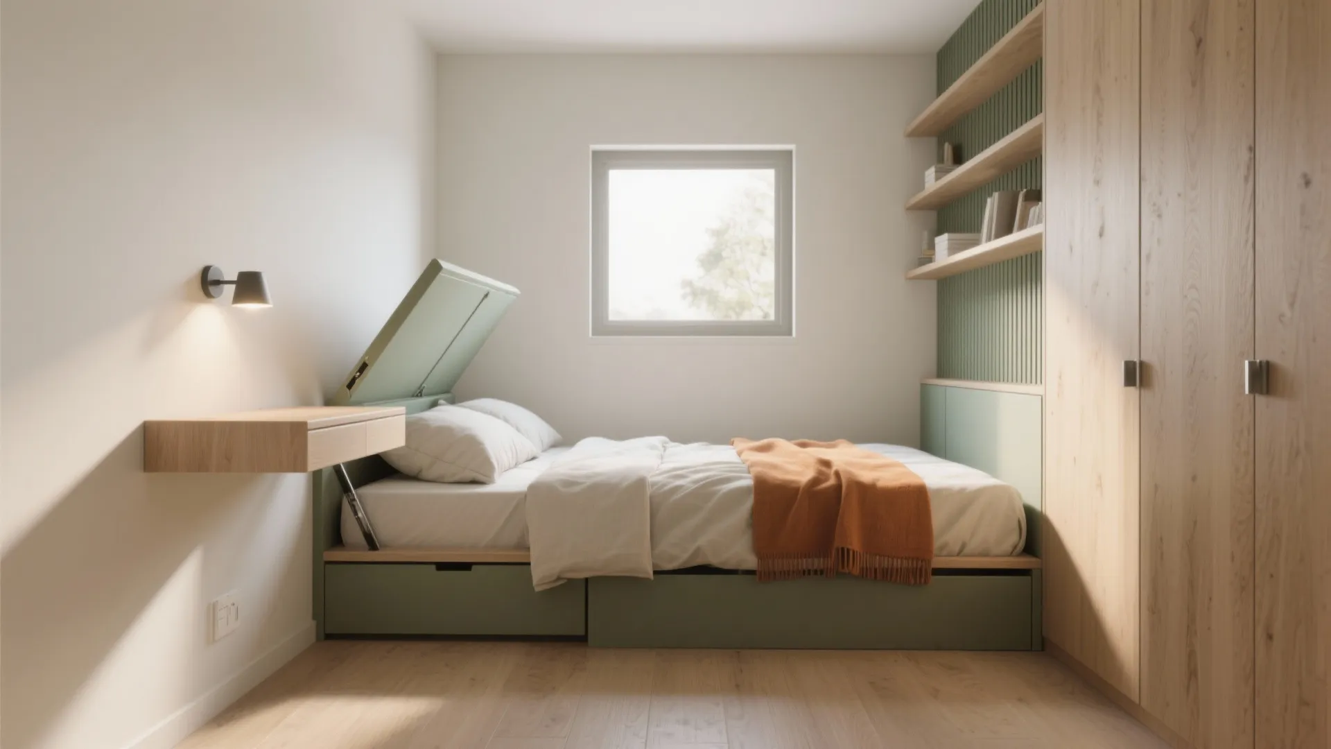 Small functional bedroom featuring green storage bed wooden wall shelves floating desk and large wardrobe