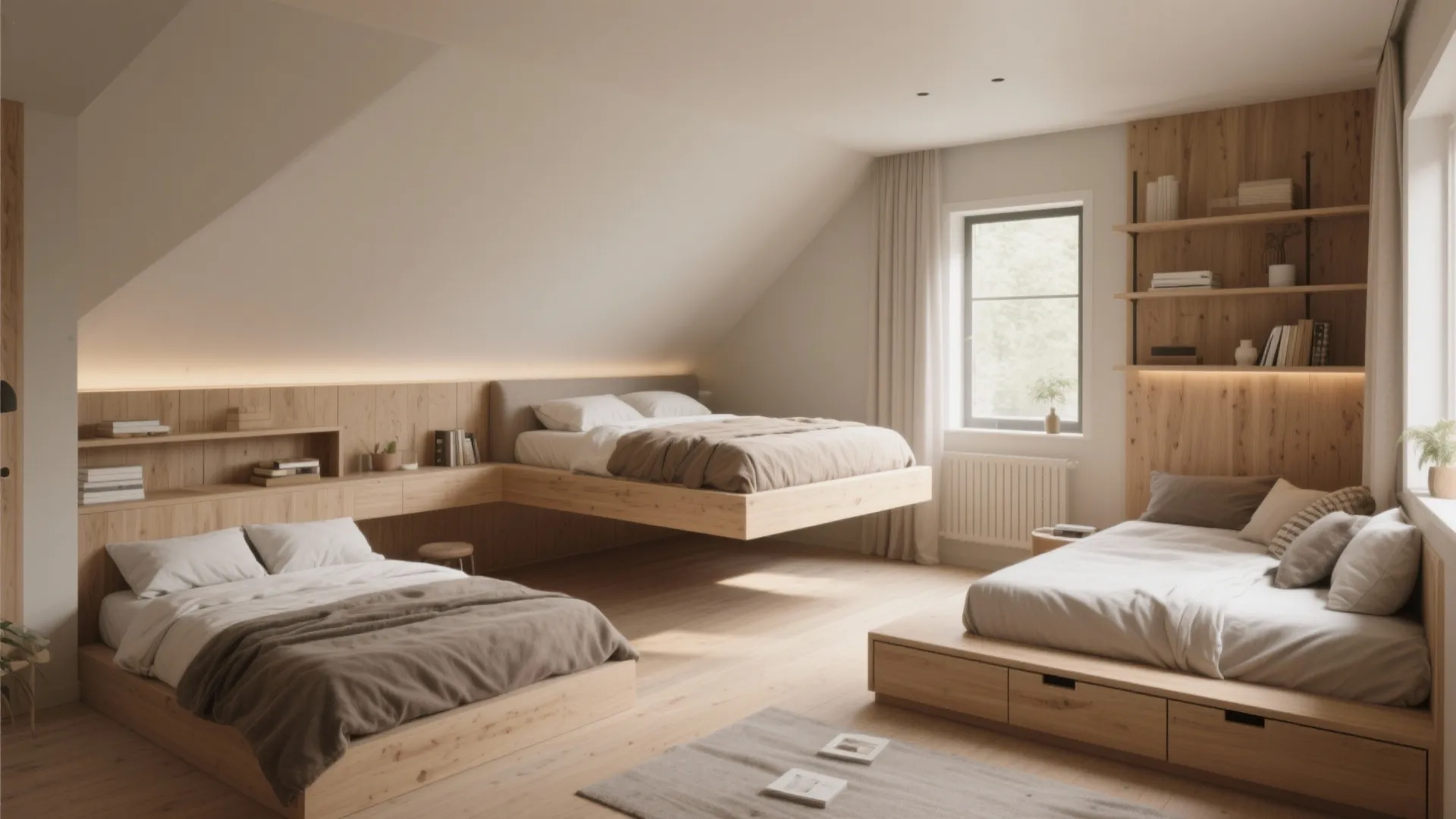 Modern attic bedroom featuring three wooden beds light wood wall panels and simple storage shelves