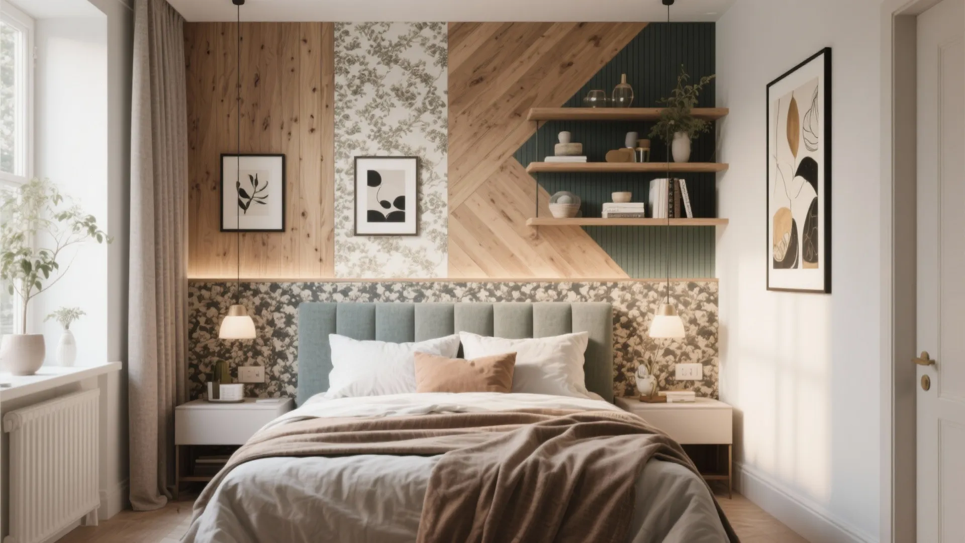 Bright bedroom featuring mixed wall panels, floral wallpaper, wall shelves, hanging lights and soft bedding