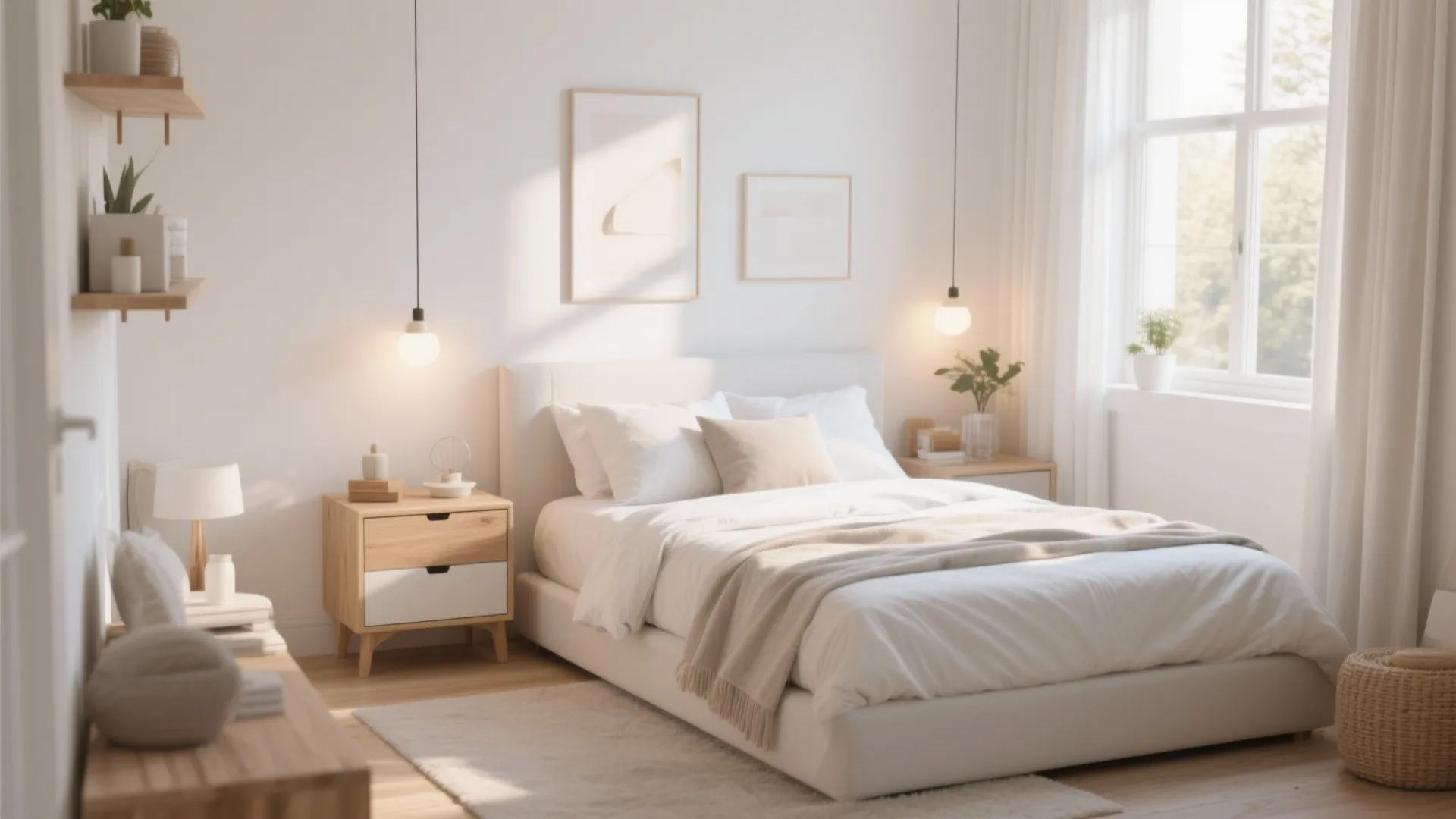 Modern bright bedroom with white bed wooden nightstand hanging light bulb and sunny window view