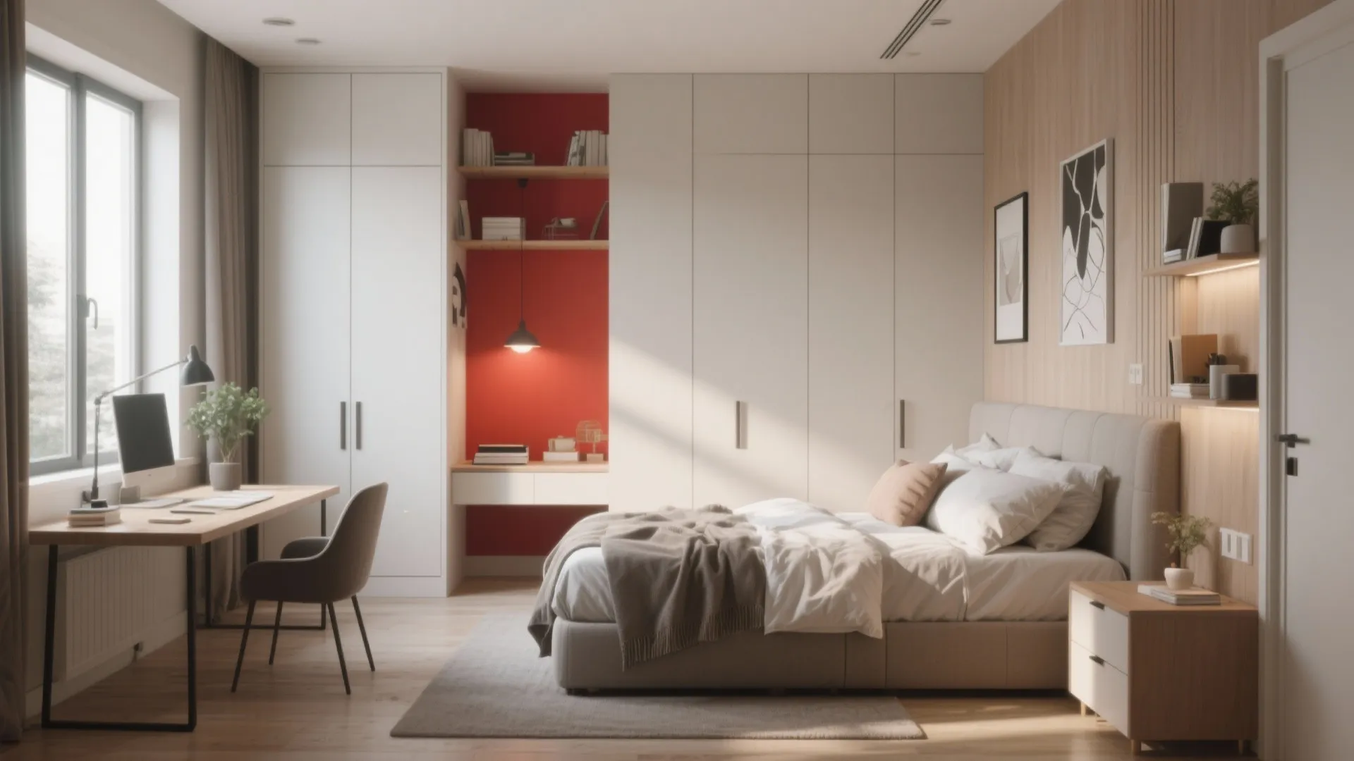Bright modern bedroom with wooden desk chair white cabinets red wall accent and comfortable bed