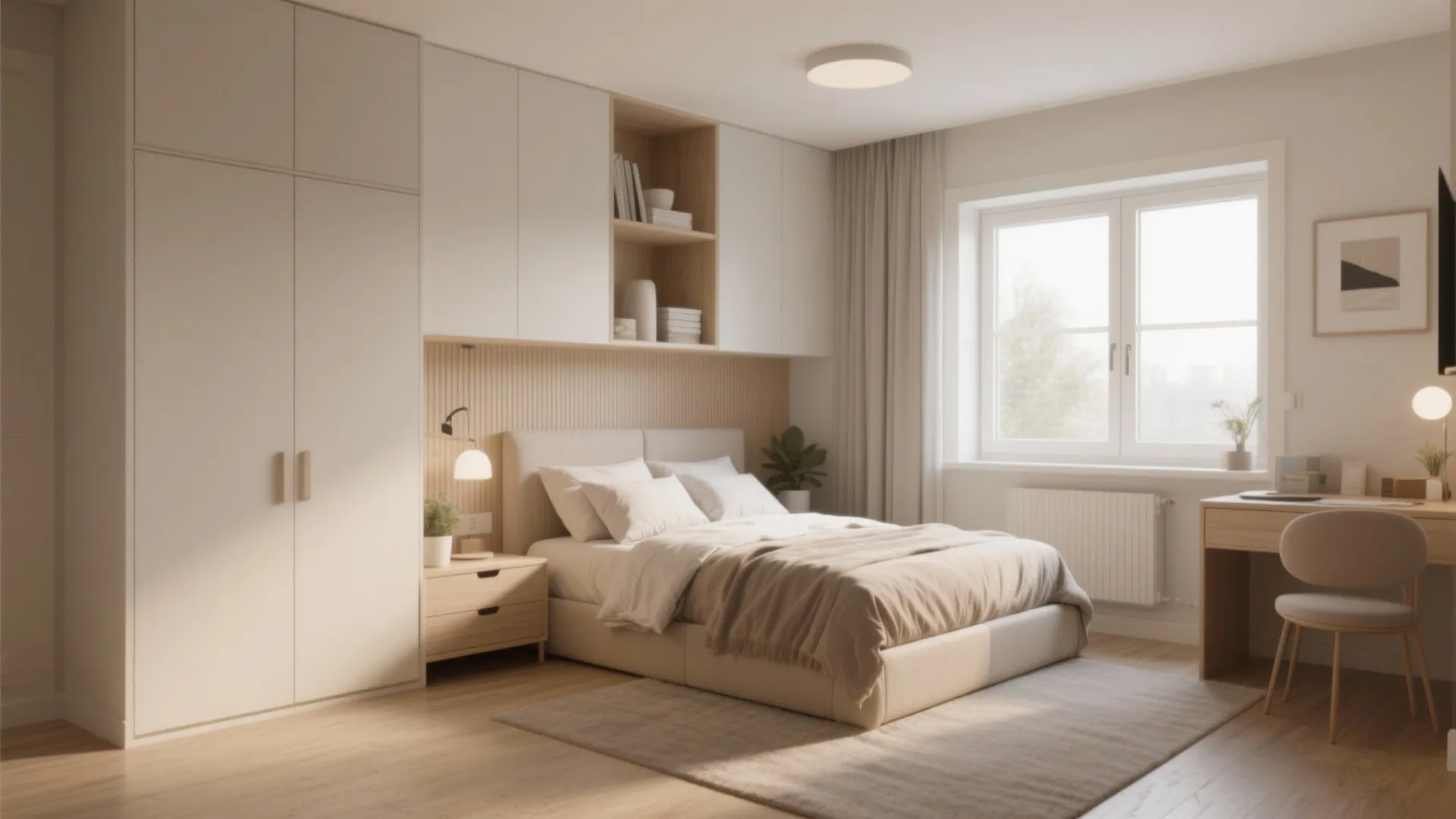 Small functional bedroom with white wardrobe and integrated desk plus a large window and ceiling light