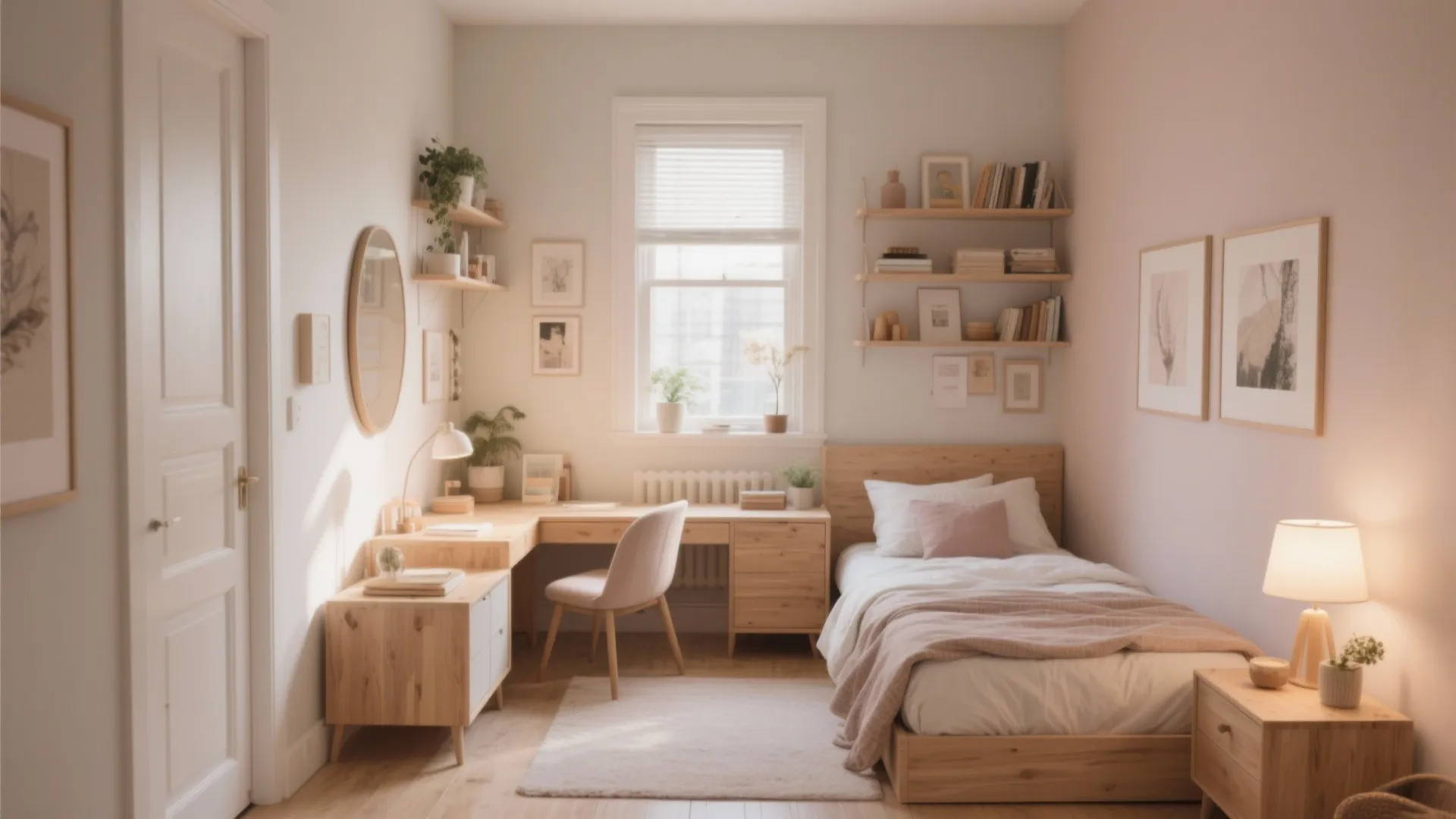 Small bedroom design with wooden bed, desk area, wall shelves, and warm natural lighting throughout