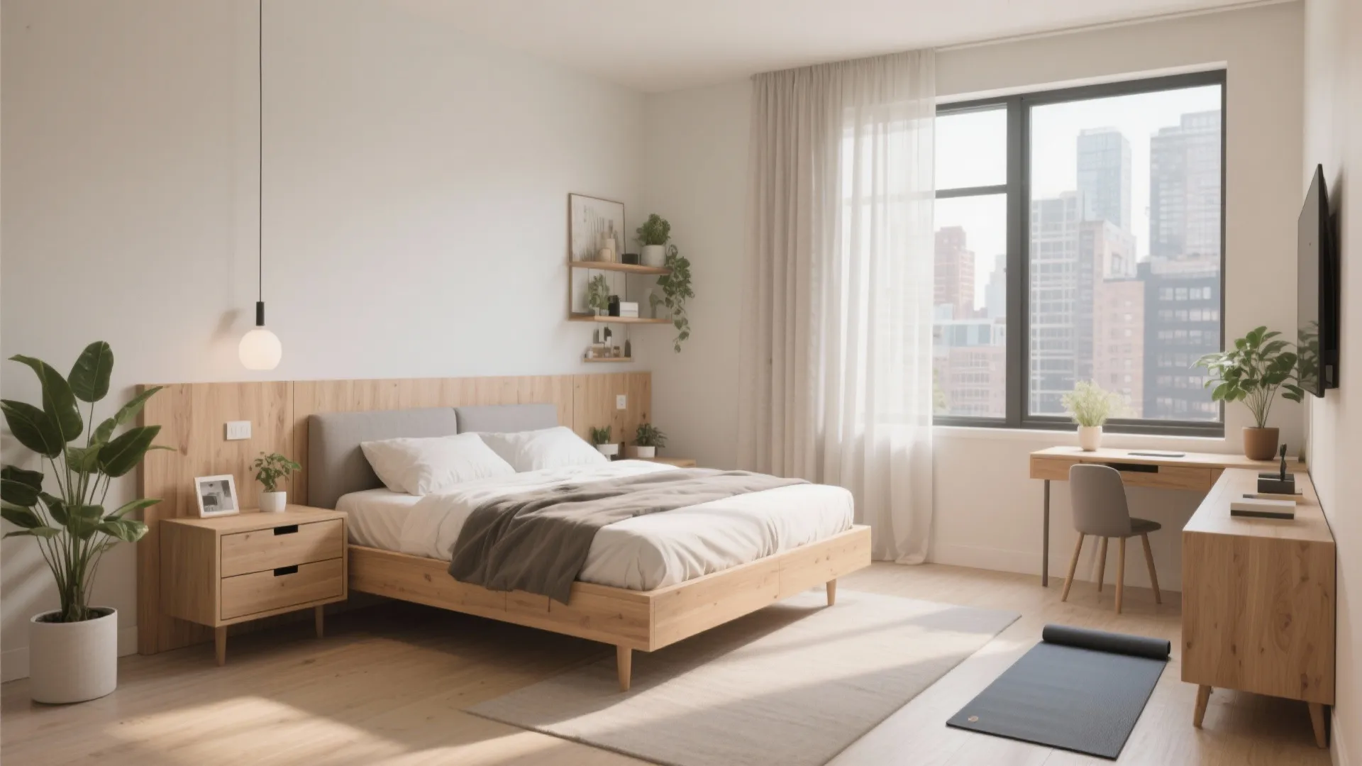 Modern bright bedroom with wooden bed frame desk chair large window curtains and indoor potted plants
