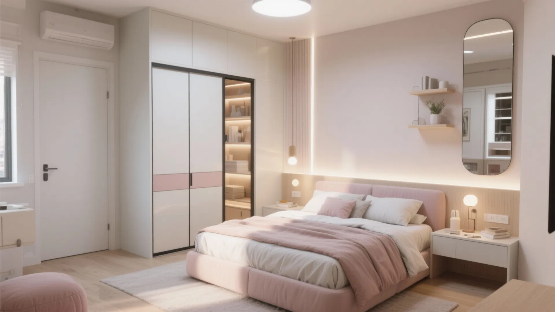 Modern pink bedroom with white wardrobe oval mirror bedside table warm lighting and wood flooring