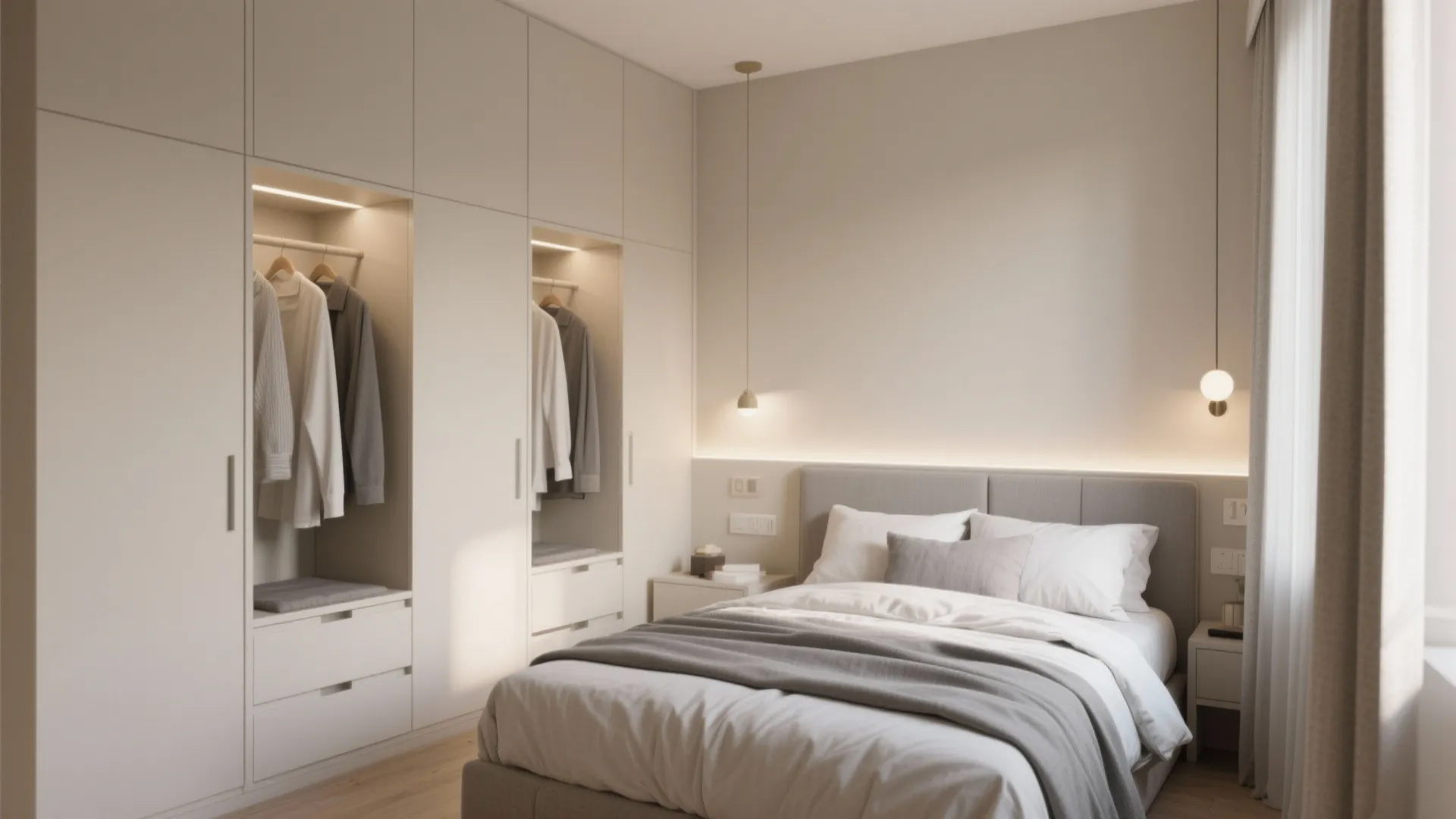 Modern small bedroom with grey bed and built in cream closets containing hanging clothes and lights
