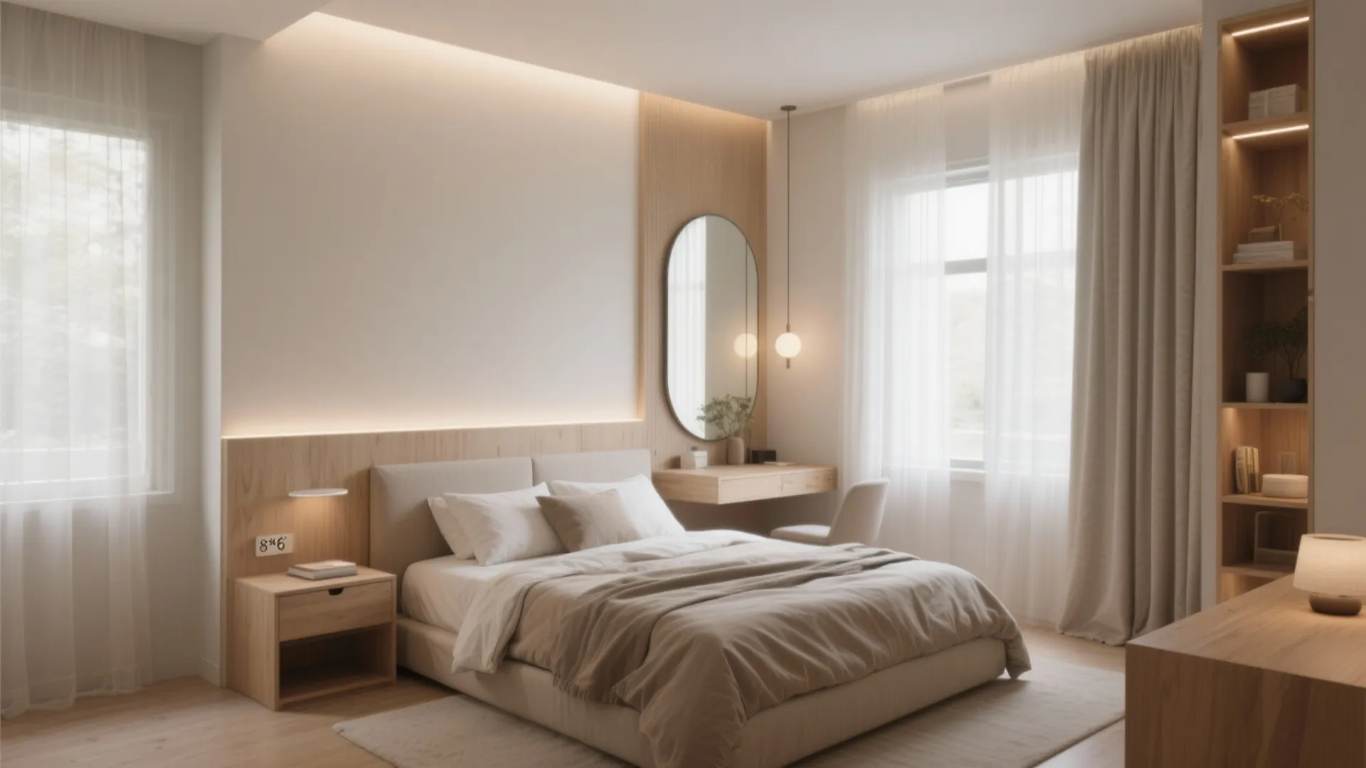 Bright minimal bedroom with beige bed wood wall panel vanity table round mirror and curtains
