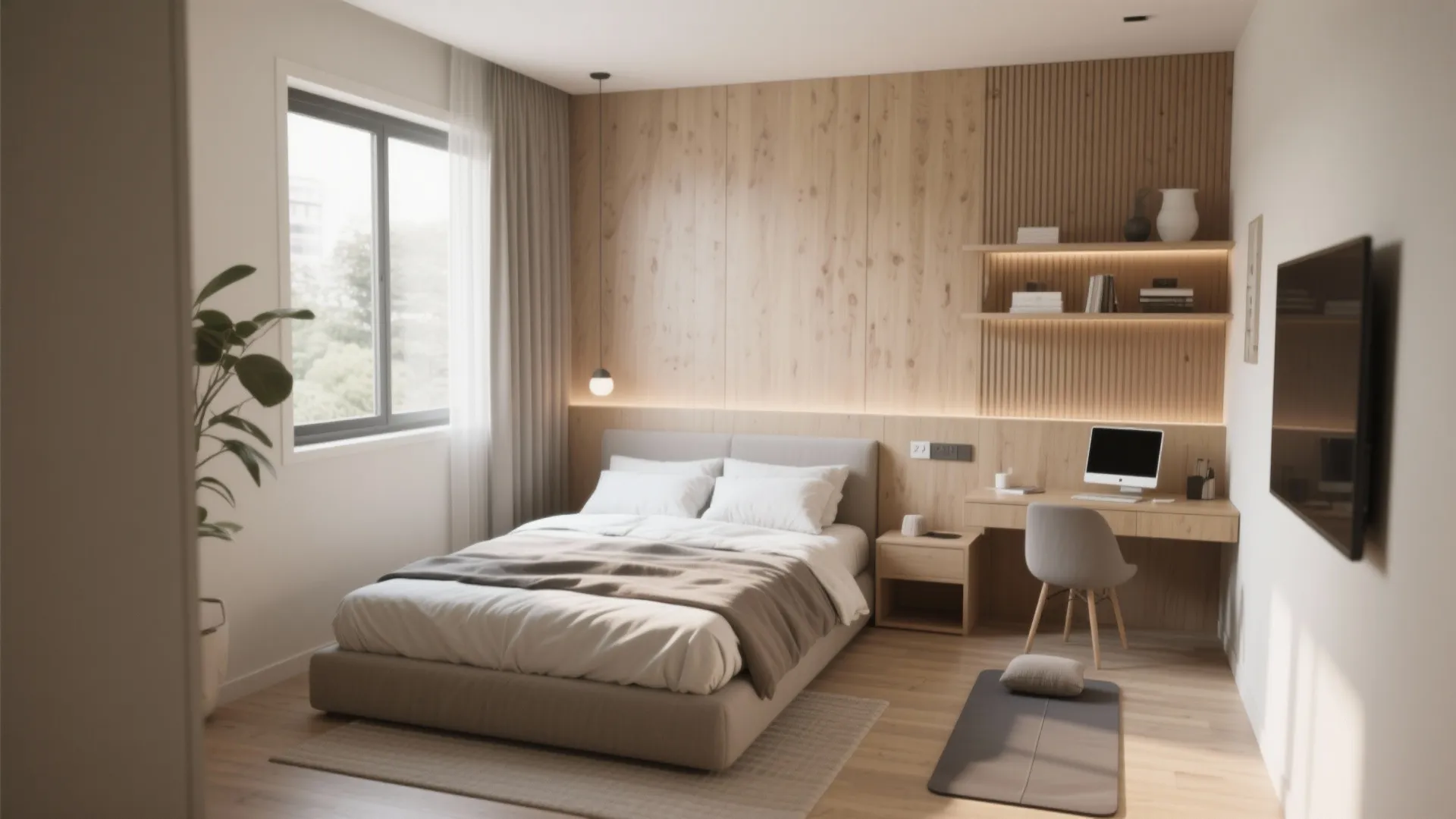 Modern bedroom with wood wall panel, comfortable bed, computer desk, large window, and wall television