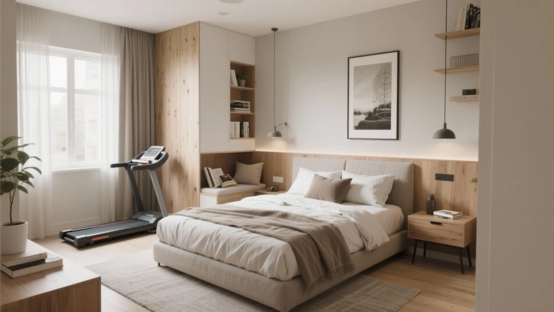 Modern bedroom design including a bed treadmill wooden shelves and large window with natural light