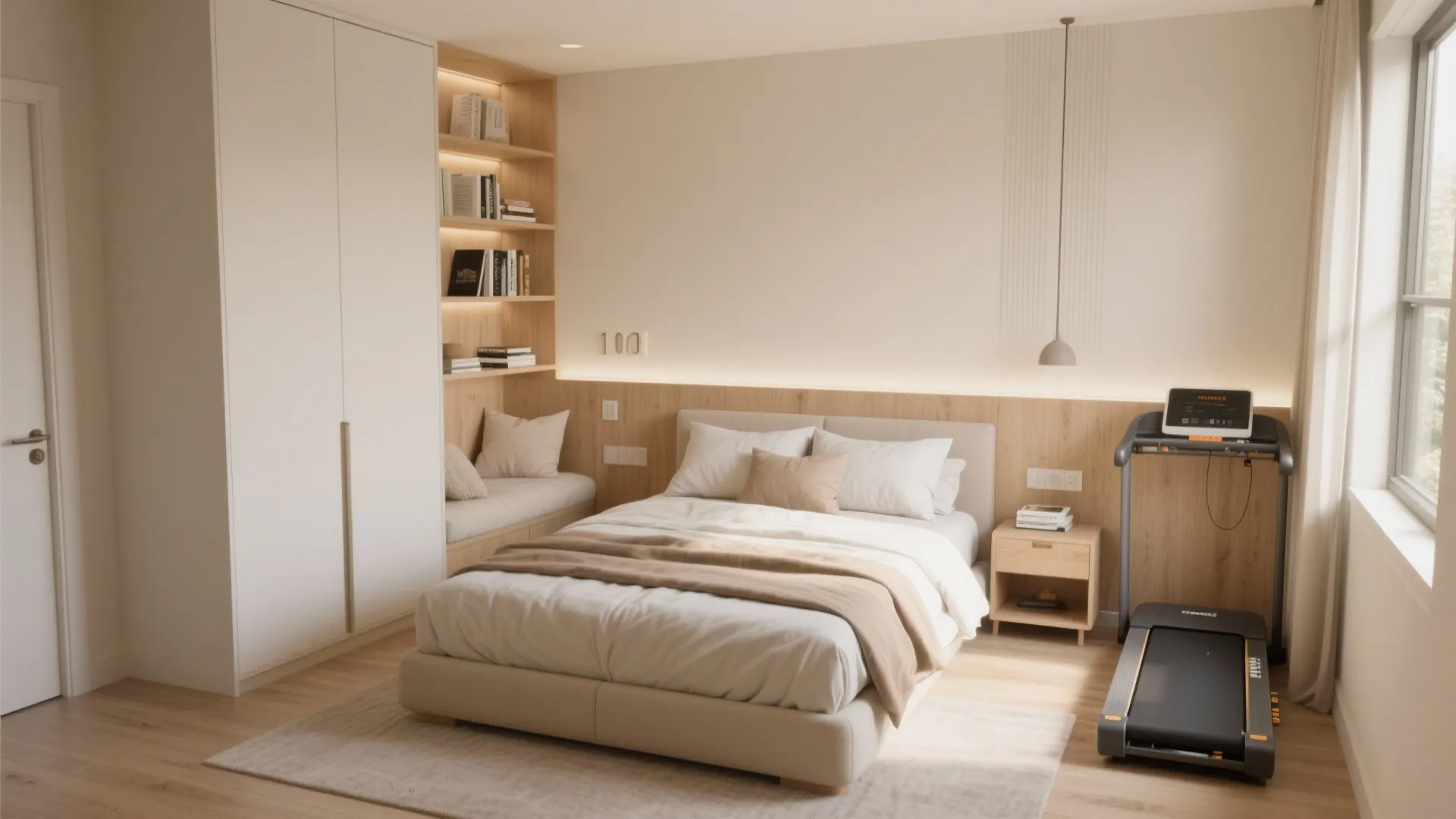Small bedroom featuring white wardrobe wooden shelves soft bed small treadmill and a large window