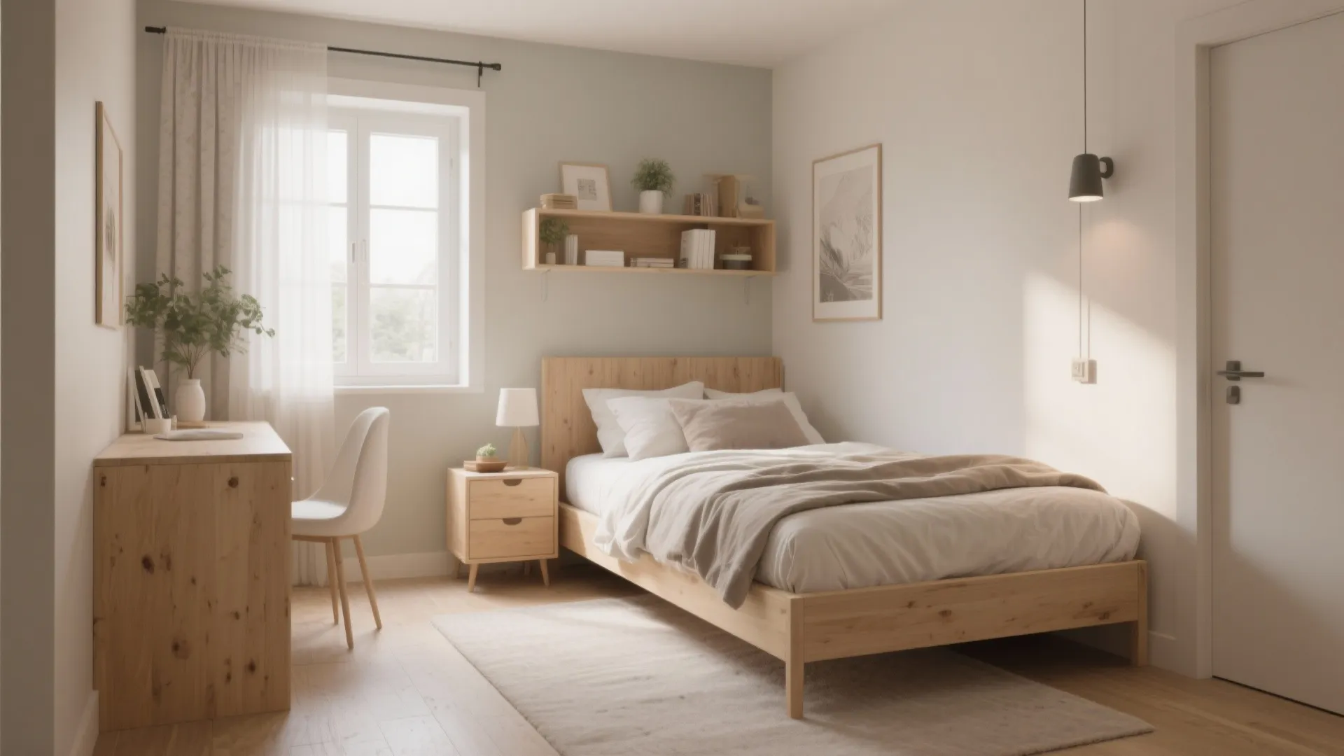 Minimalist small bedroom with wooden bed frame light green walls desk chair and white curtains