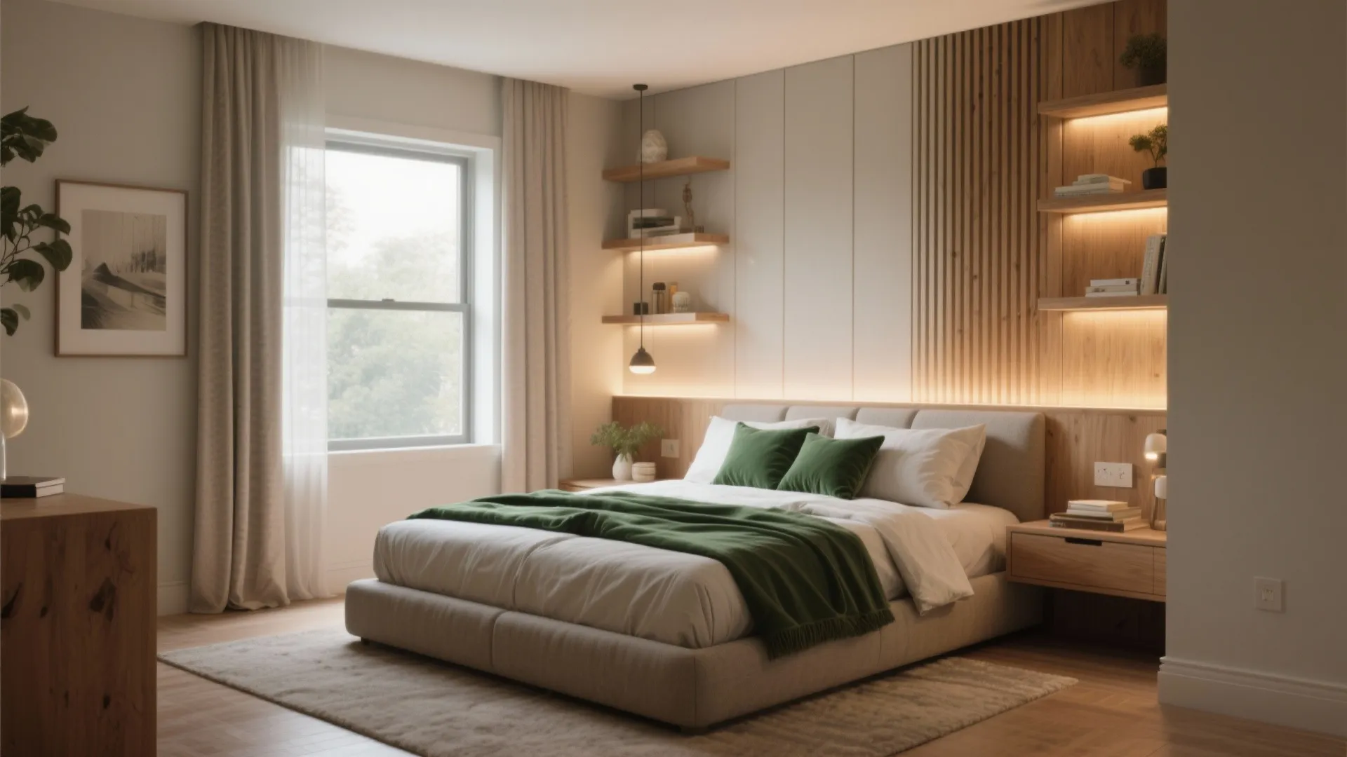 Modern bedroom with green bedding wood wall panel open shelves ceiling light and natural window light