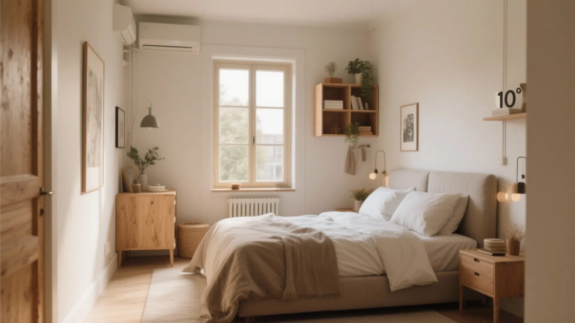 Bright small bedroom with white walls wooden furniture a comfortable bed window and wall lights