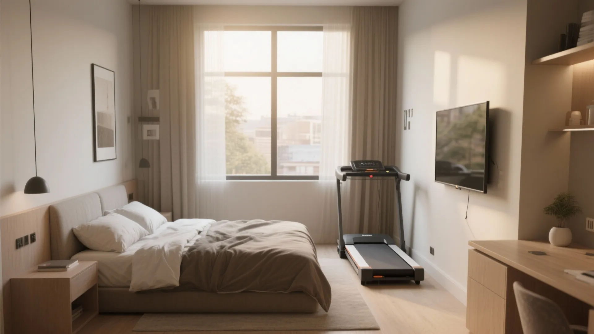Warm bedroom interior design with large window sunlight treadmill wall TV and wooden desk furniture