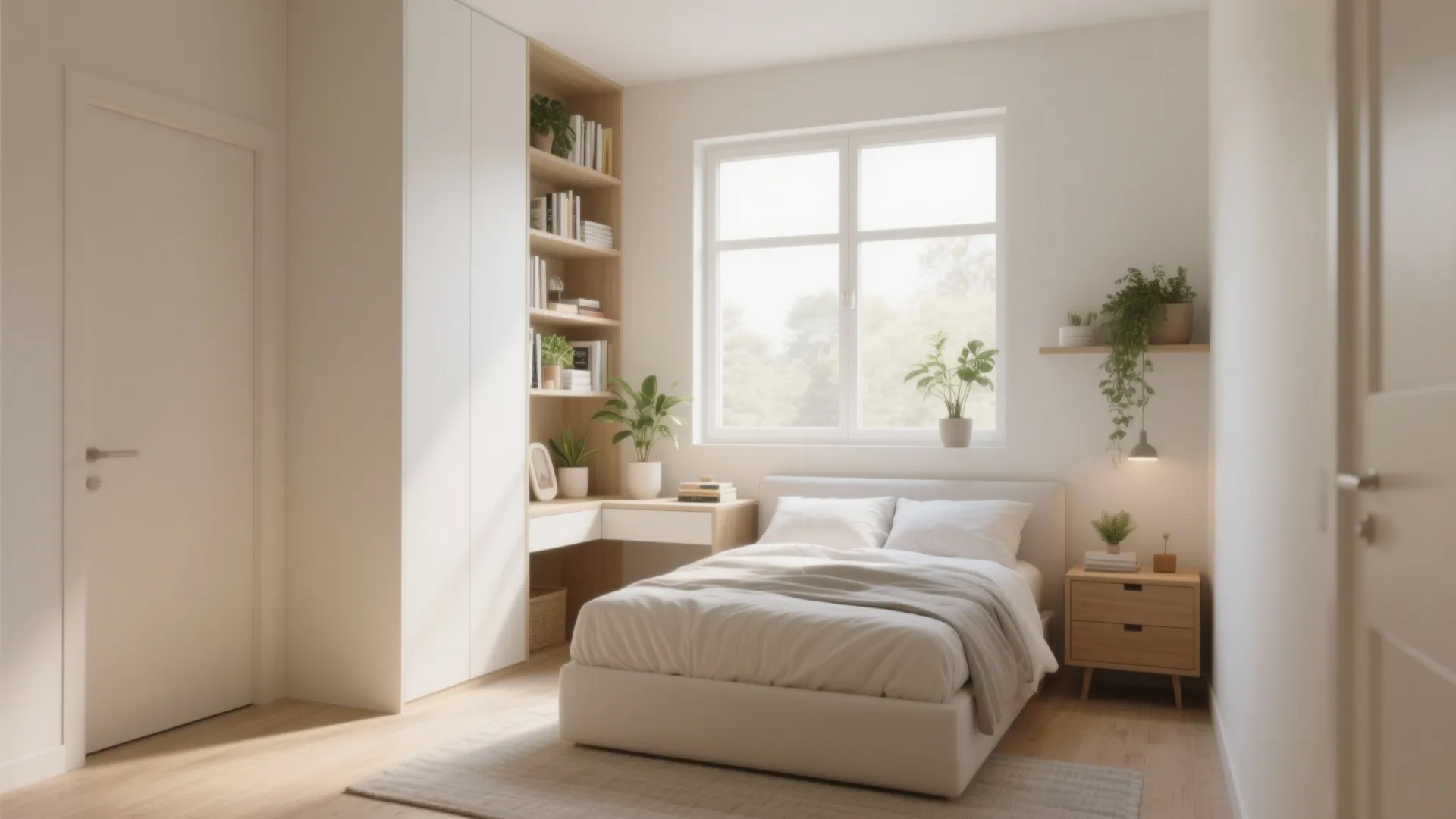 Small modern white bedroom with wooden storage cabinet corner desk unit and large bright window