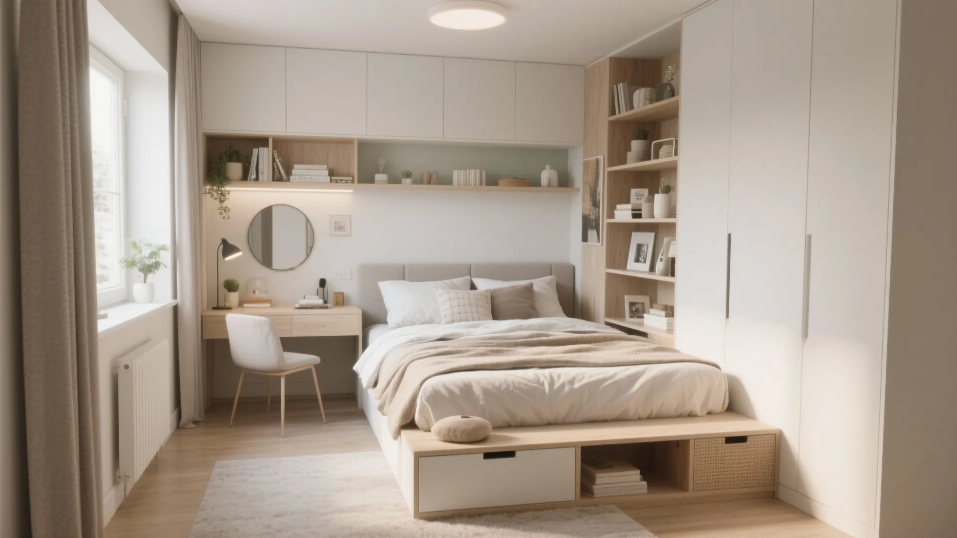 Modern small bedroom with white wardrobes wood desk grey bed and neutral color interior design