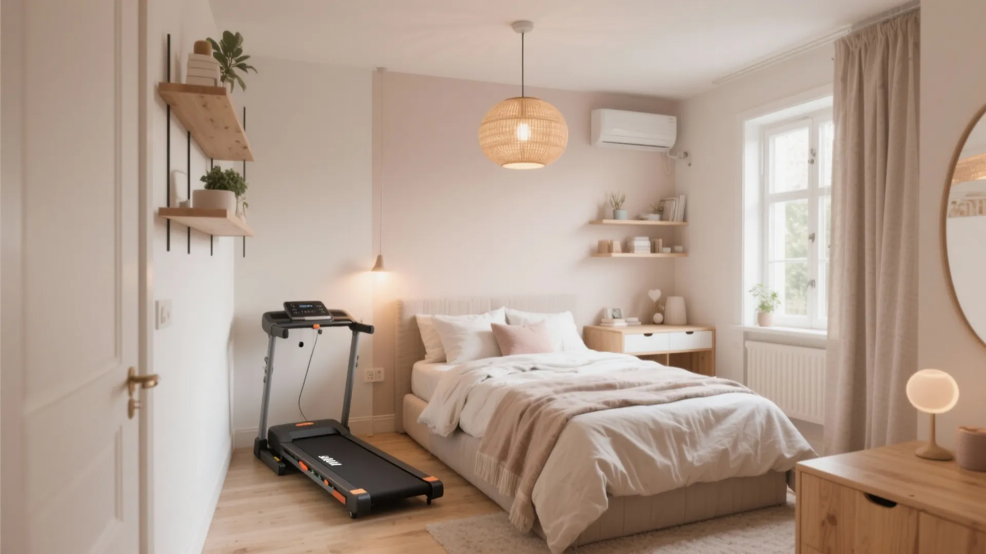 Small modern bedroom featuring a treadmill next to white bed with pink wall and wooden shelves