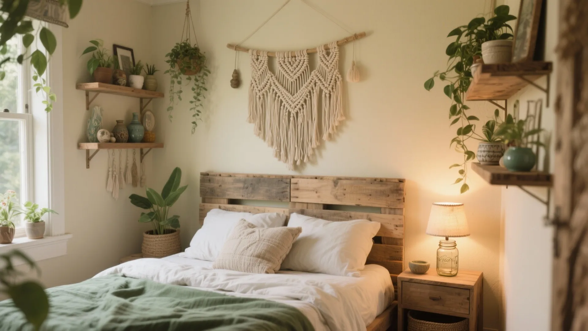 Boho style bedroom featuring wooden pallet headboard with wall hangings and many green indoor plants