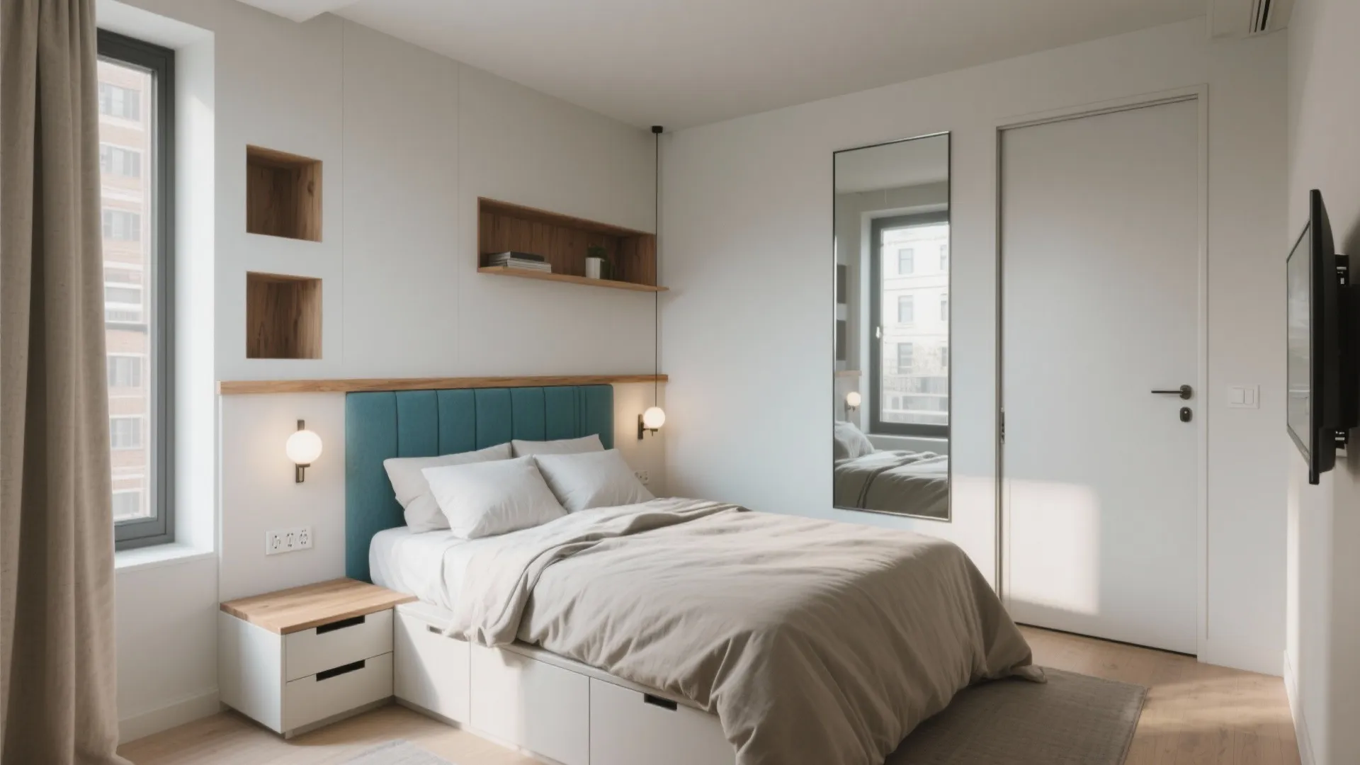 Small modern bedroom featuring a teal headboard white walls mirror and wall light fixture setup