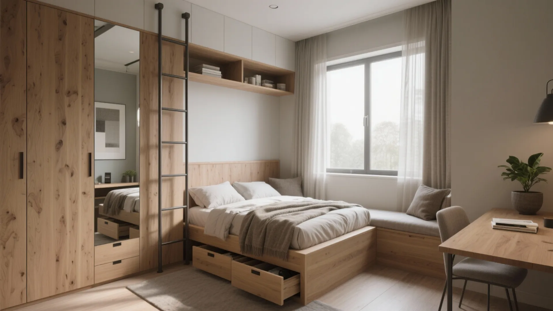 Wooden bed frame with storage drawers next to a desk window and large wall cabinet