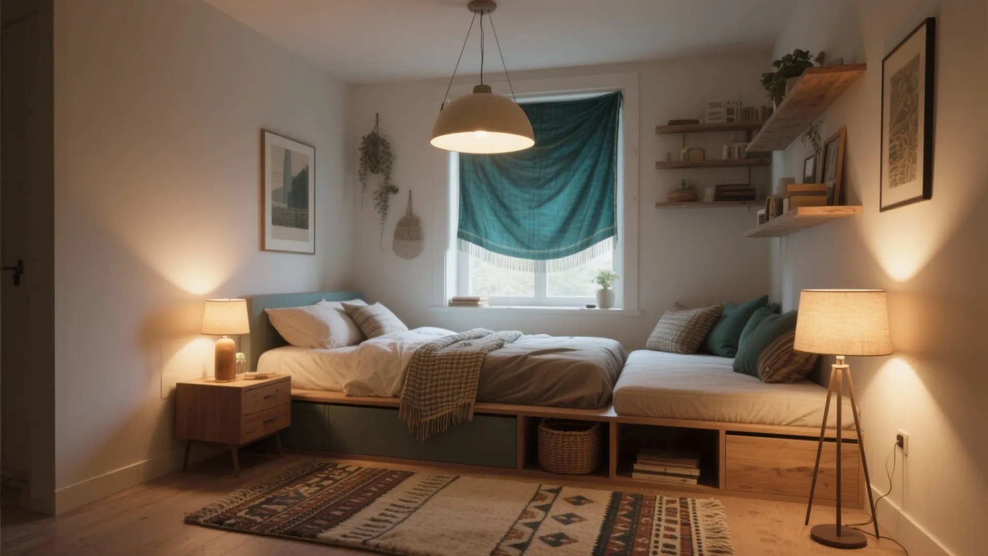 Cozy small bedroom featuring platform bed, wooden furniture, patterned rug, green curtain, and ceiling light