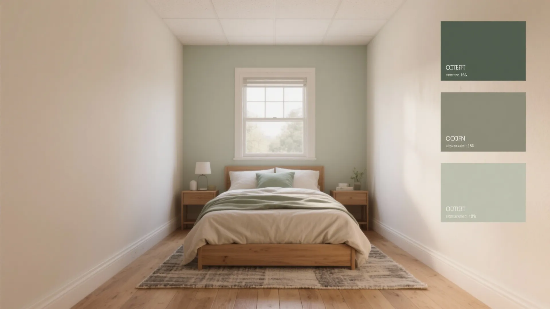 Small bedroom design with light green walls wooden bed and three green color paint options