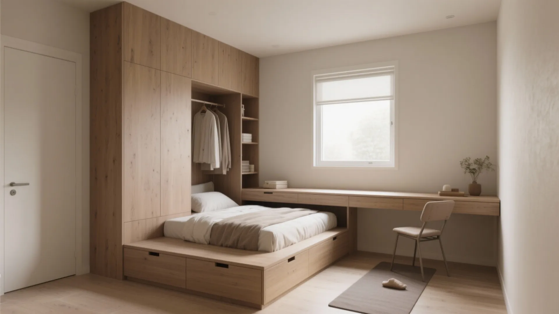 Small modern bedroom with custom wood bed connected to a long desk and wall storage