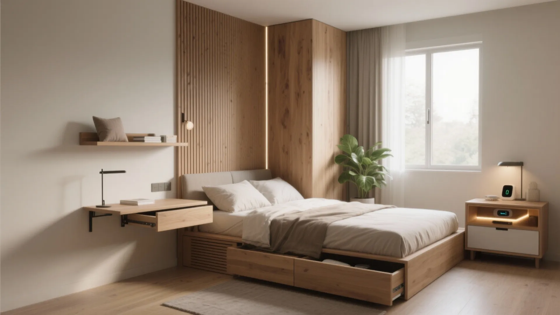 Modern bedroom featuring wooden bed with storage drawers floating desk wall panel and a plant