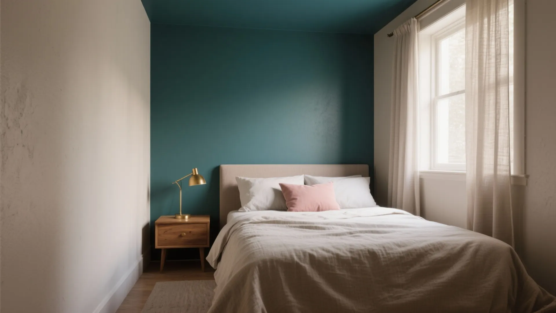Modern bedroom with dark teal accent wall white bedding gold table lamp and wooden nightstand cabinet