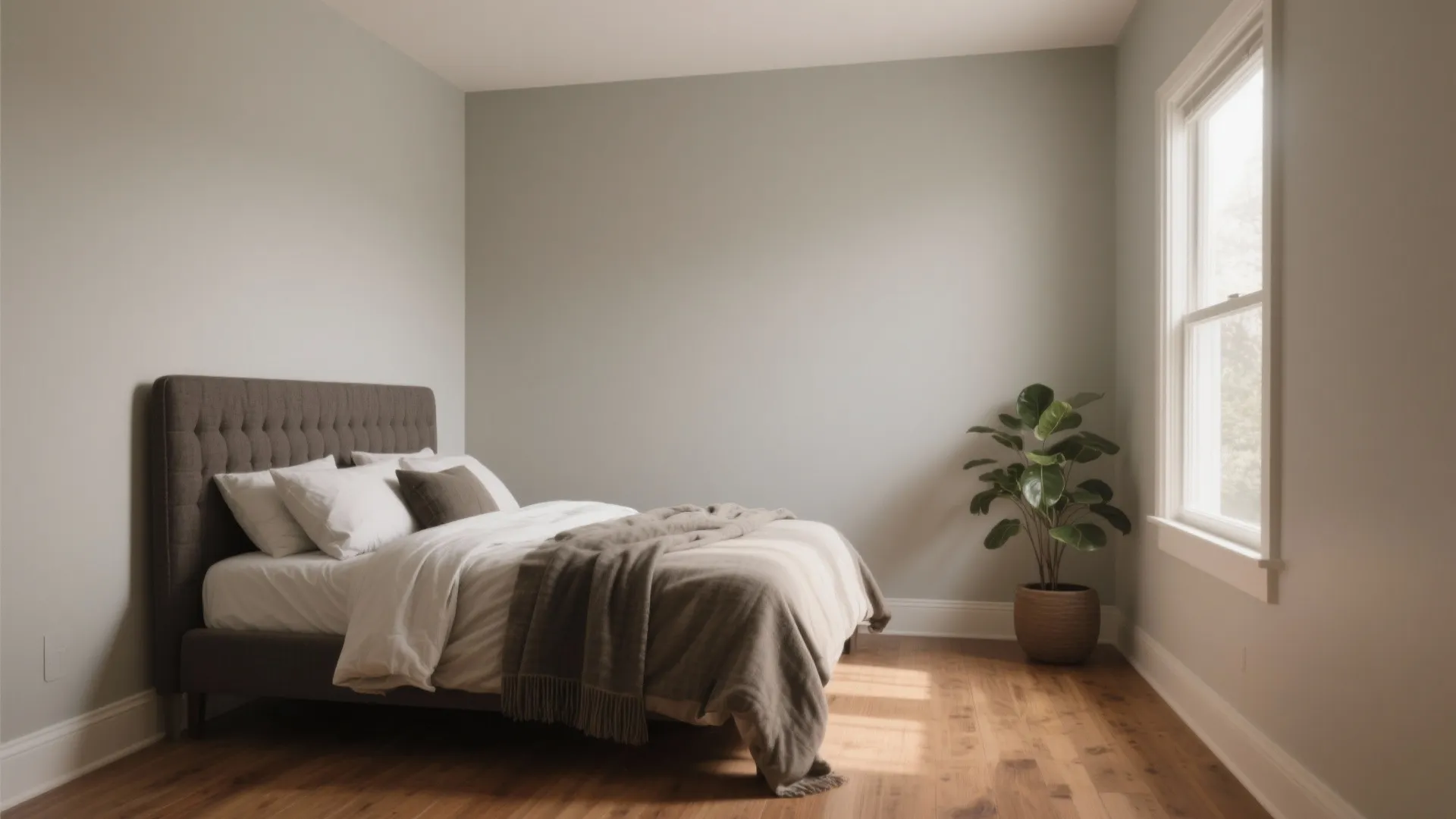 Minimalist bedroom with grey bed wood floor green plant and natural light from large window