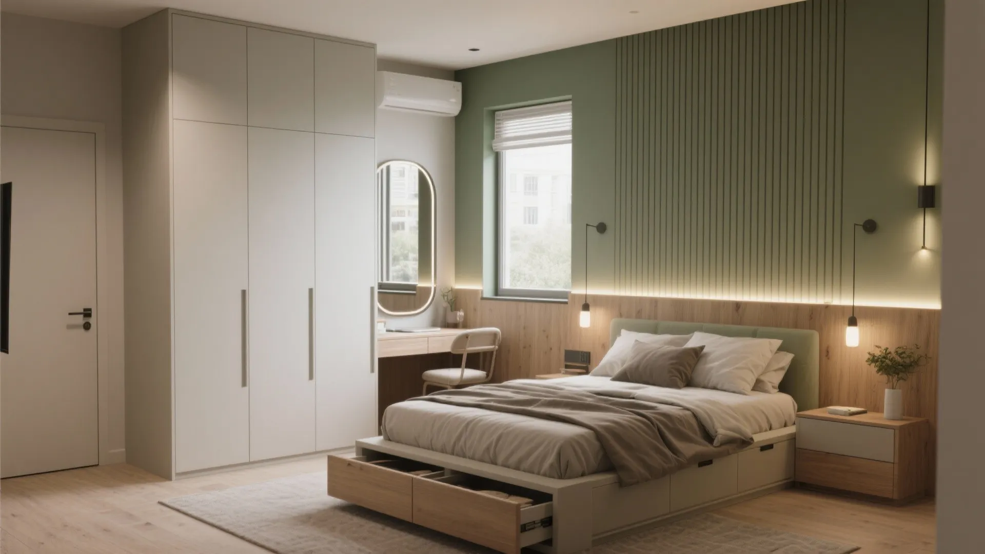 Modern bedroom featuring green wall panel white wardrobe bed with storage and hanging wall lights