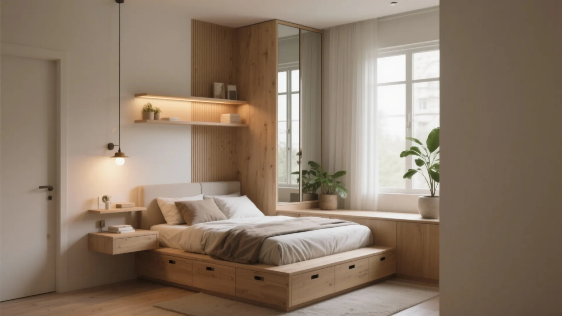 Small modern bedroom featuring a storage bed wooden wall panel mirrored wardrobe and natural light