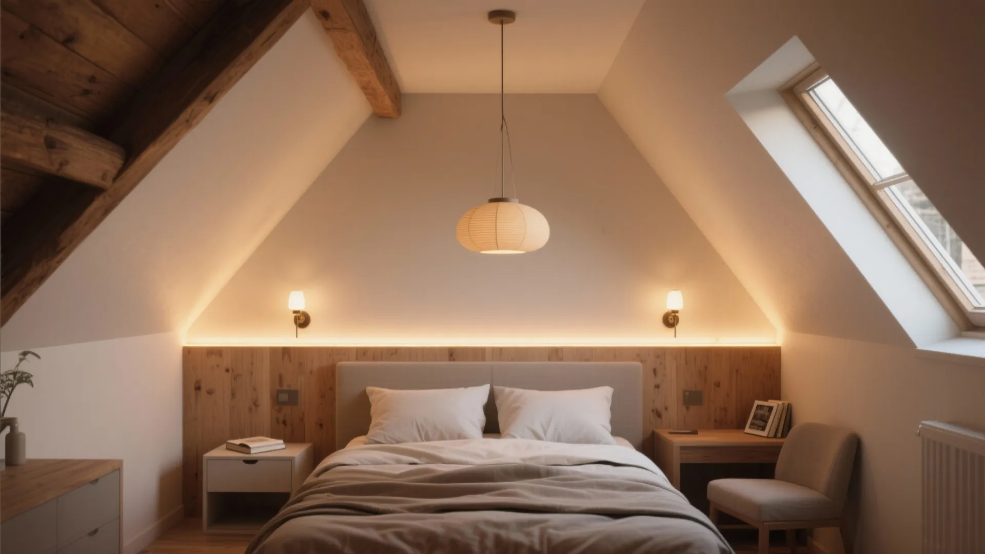Cozy attic bedroom with roof window wooden beams ceiling light and warm wall light fixtures