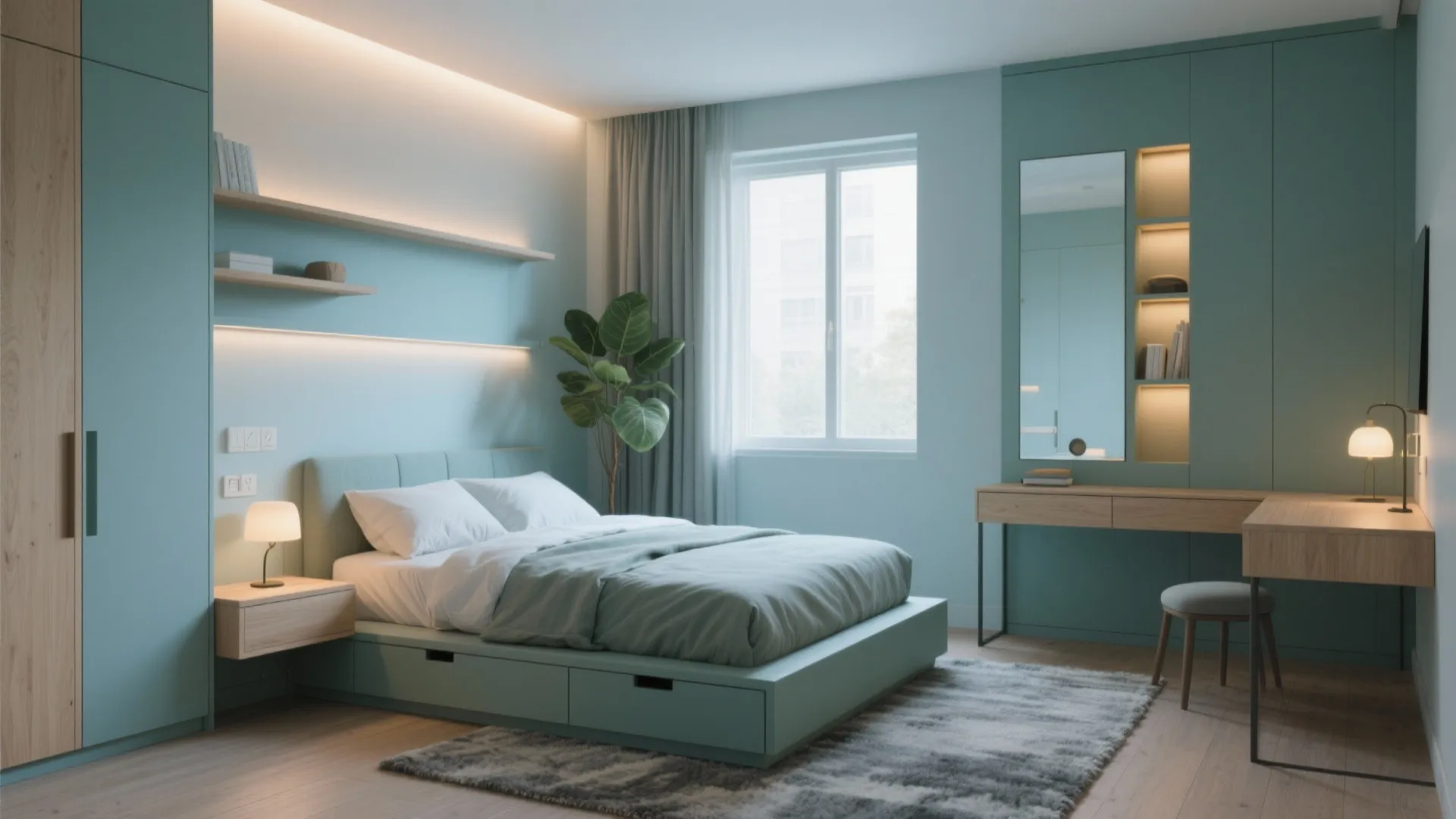Modern small bedroom with teal walls, storage bed, wooden desk, mirror, indoor plant, and lighting