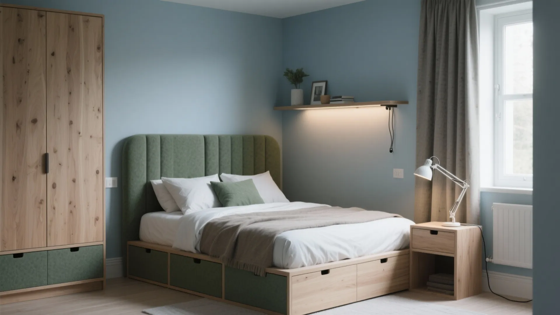 Modern small bedroom with green upholstered bed wood wardrobe bedside table desk lamp and blue walls