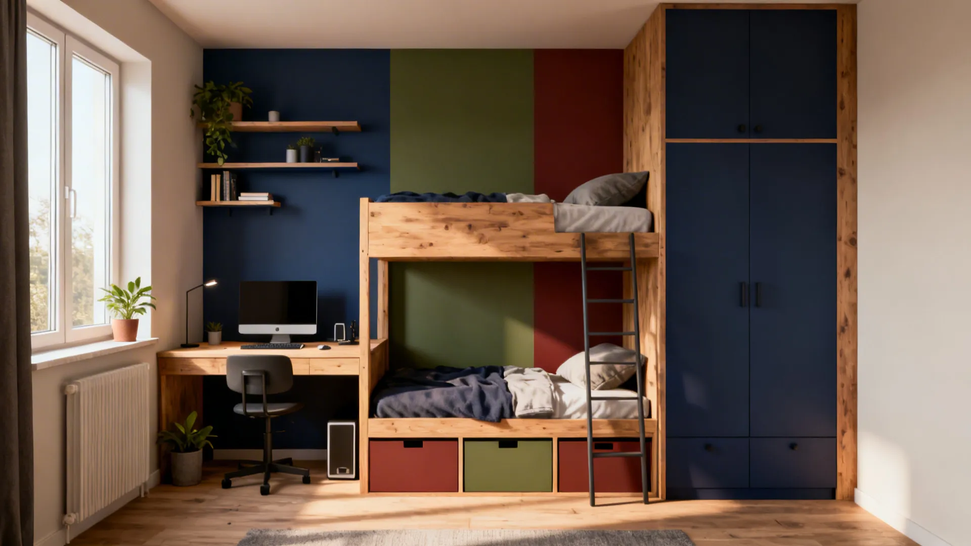 Small bedroom with wooden bunk bed desk colorful walls blue cabinet and a bright window