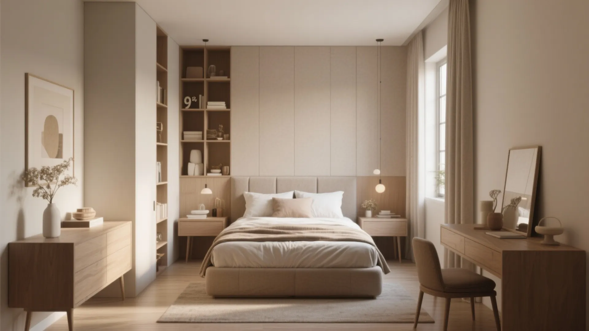Minimalist bedroom design with wooden furniture built in shelves a desk and soft natural lighting