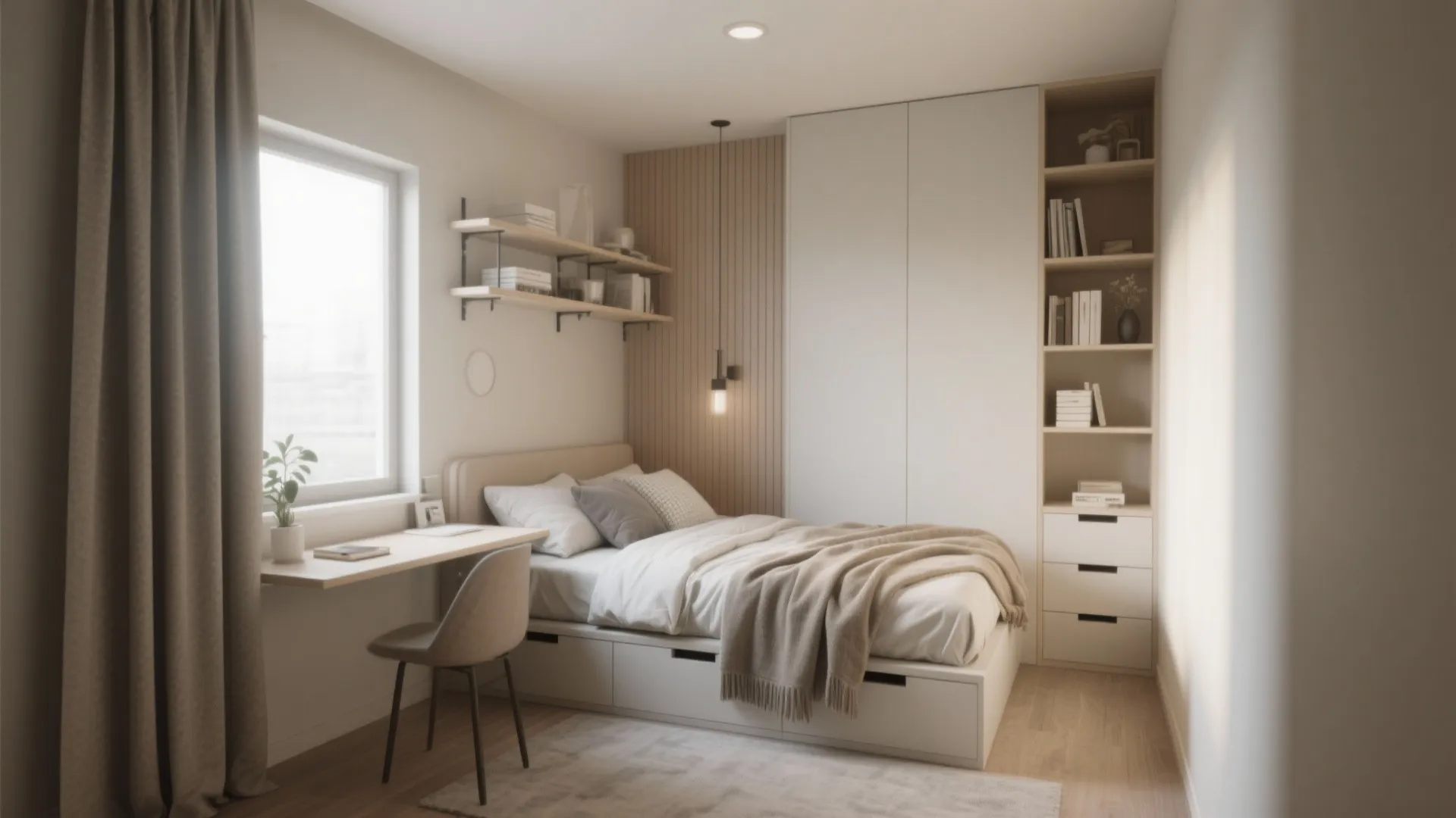 Small bedroom layout featuring a storage bed with drawers plus a desk and white wardrobe