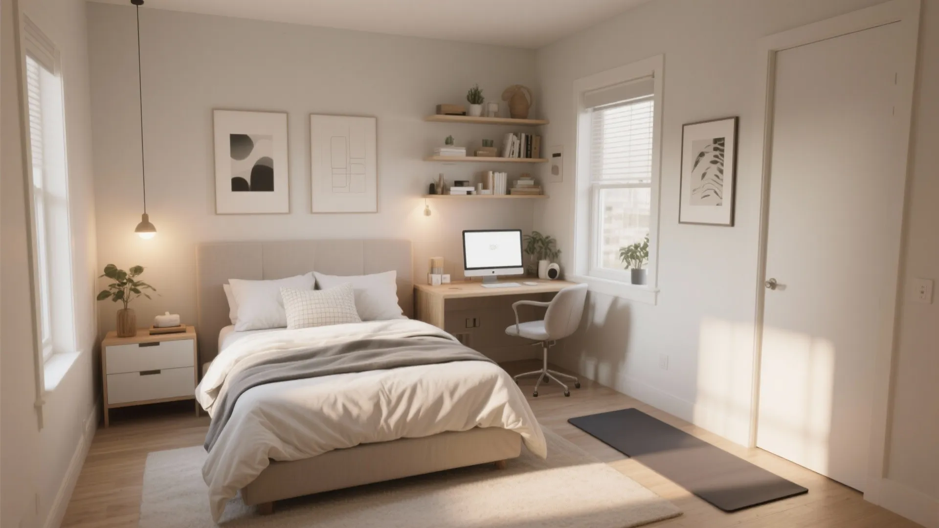 Small bright bedroom with bed desk setup chair wall art windows and natural light wooden floor