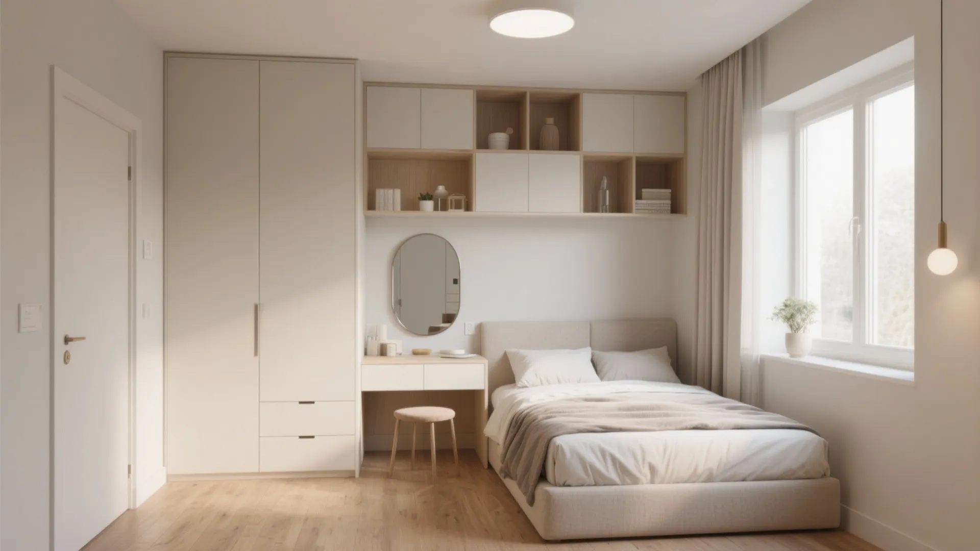 Small modern bedroom with beige wardrobe integrated desk oval mirror white bed and warm ceiling light