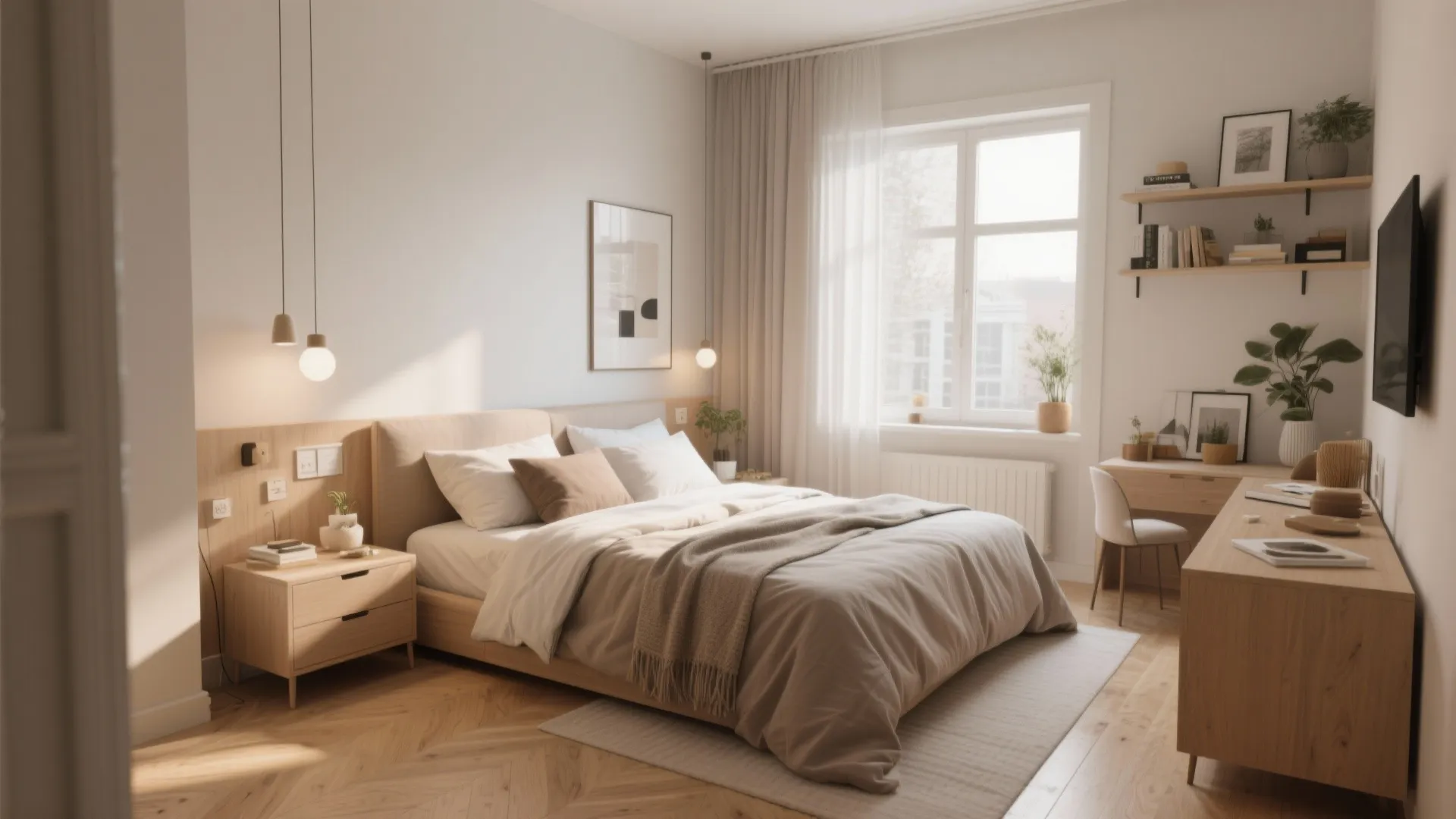 Modern small bedroom with wooden furniture desk wall shelves neutral colors and bright natural light