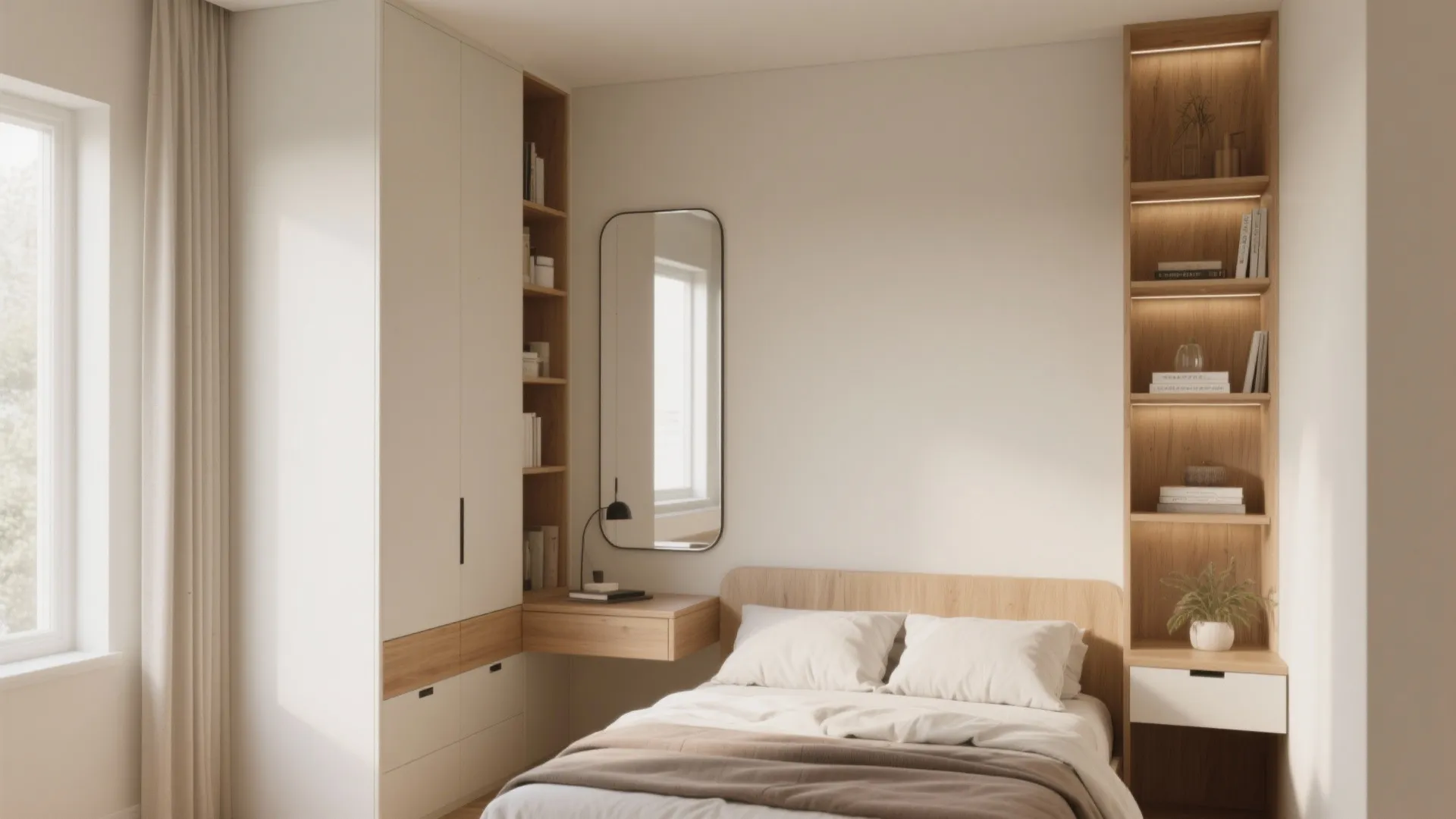 Compact bedroom layout with white cabinet wood shelving unit wall mirror and small desk integrated design