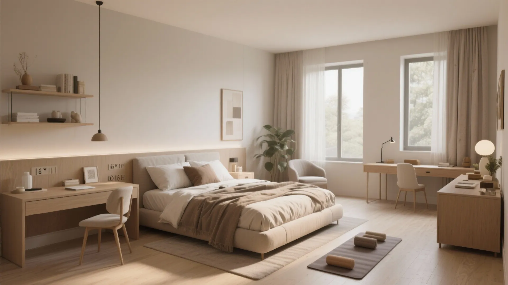 Spacious modern bedroom with large bed wooden desk chairs yoga mat and soft natural light