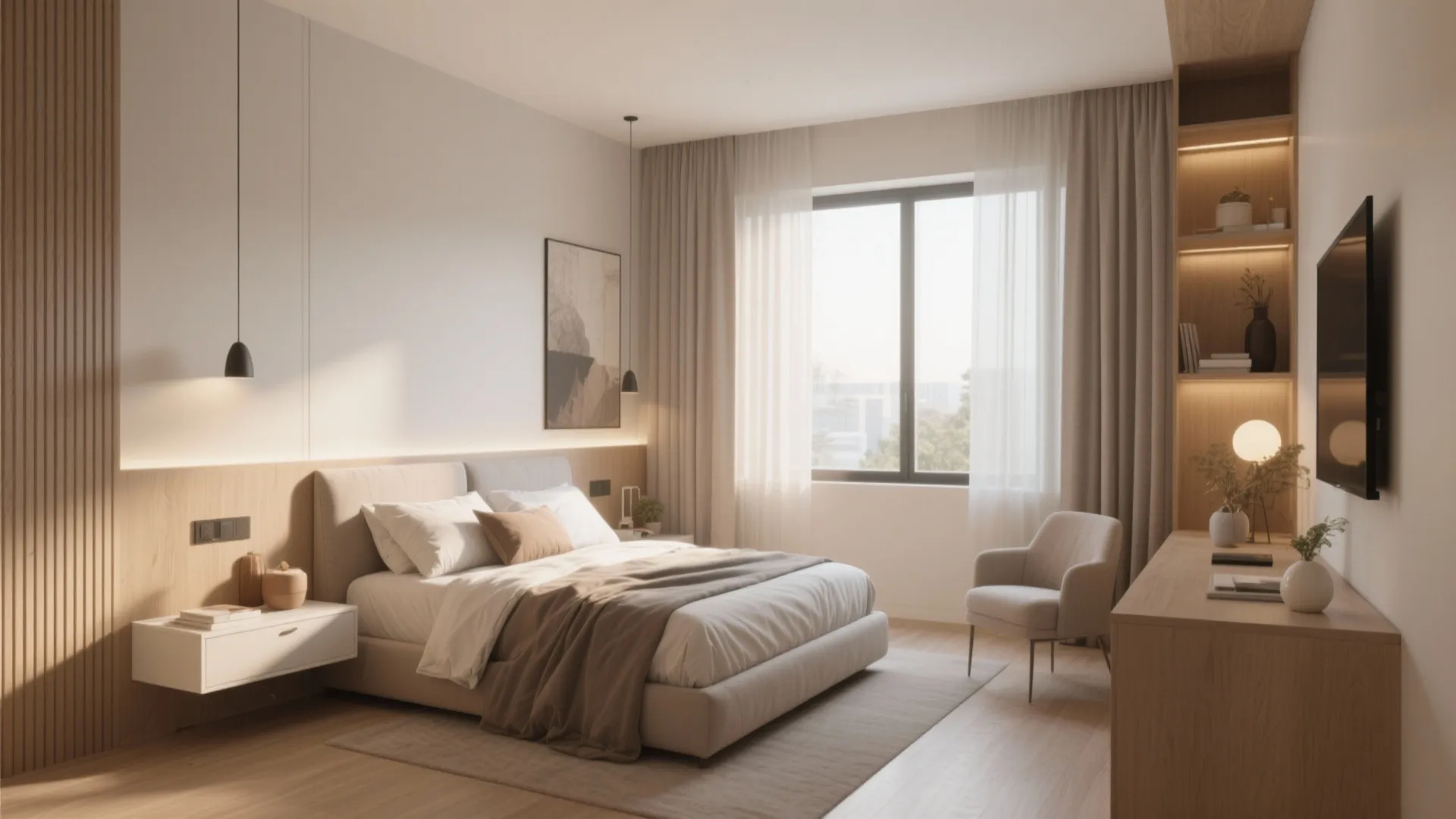 Warm bedroom with beige bed grey armchair wooden desk shelf and light fixtures by window