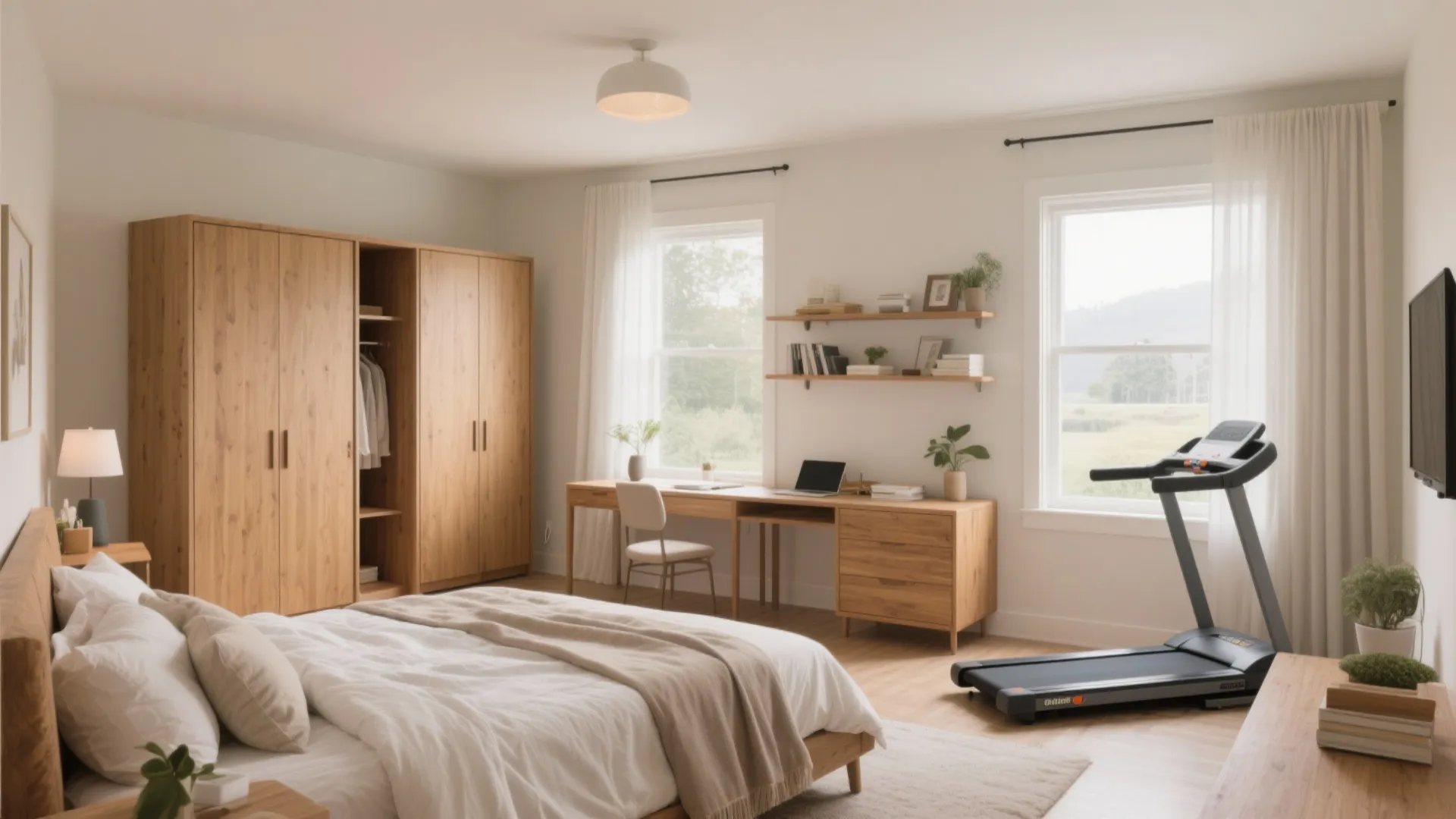 Spacious bedroom featuring wooden wardrobe study desk treadmill white walls curtain and natural light from windows