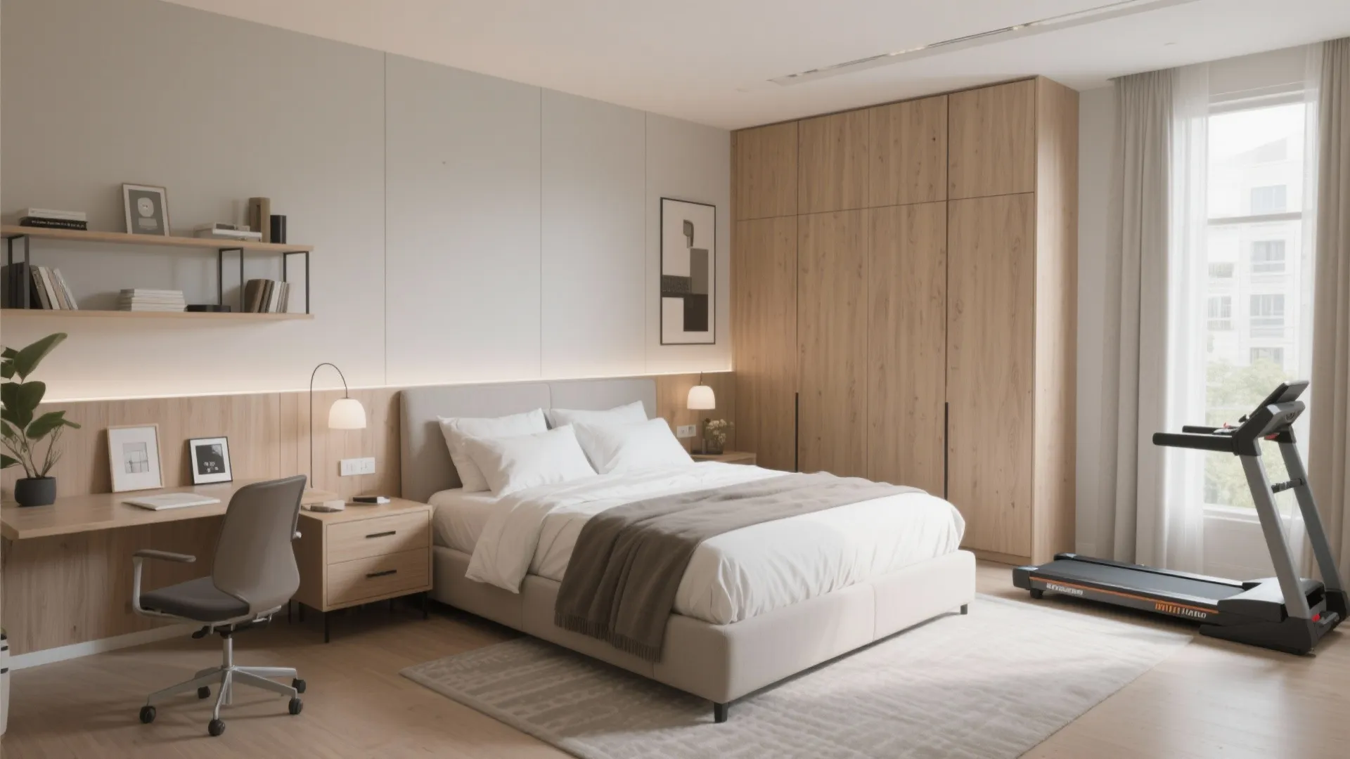 Modern bedroom with wooden wardrobe large bed home office desk grey chair and black treadmill