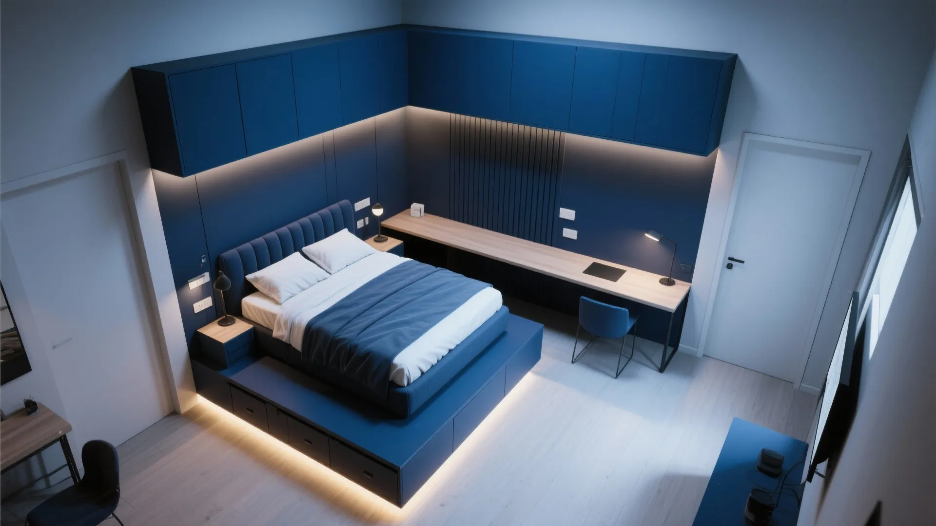 Small bedroom layout with blue bed cabinets long wooden desk blue chair and white floor panels