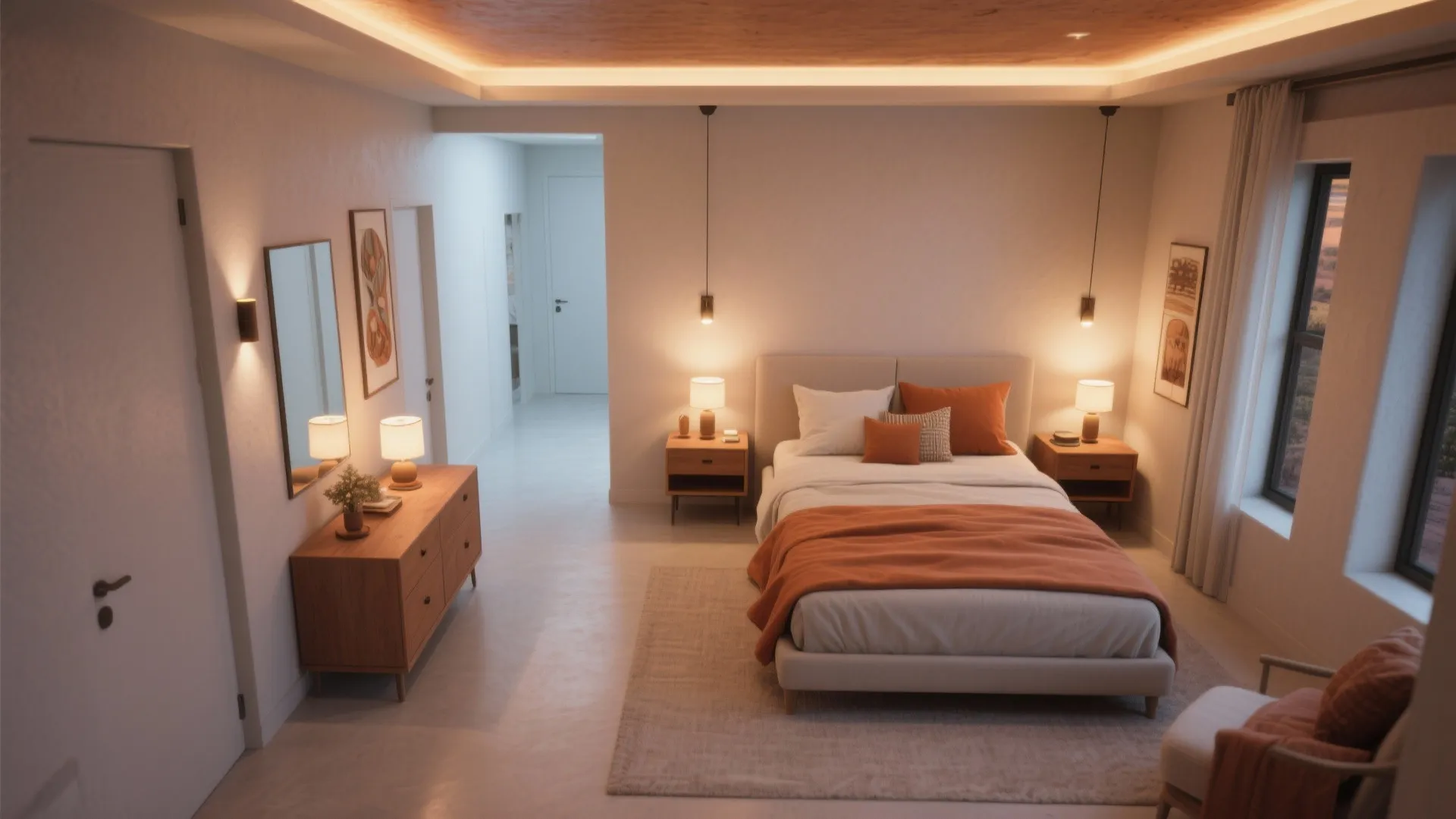 Modern bedroom layout with orange bedding wooden side tables dresser mirror and soft warm lighting