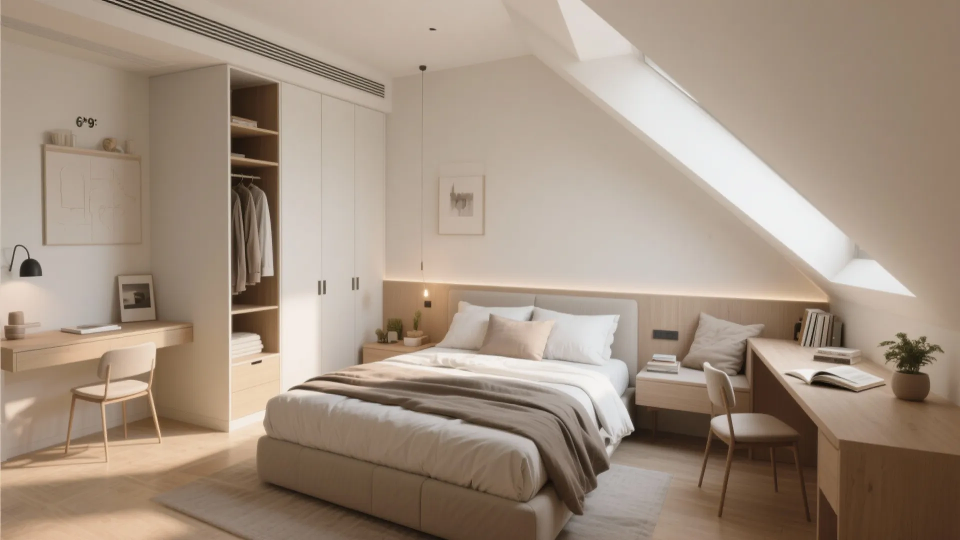 Modern attic bedroom with wooden desk, white wardrobe, neutral bedding, roof window, and warm lighting